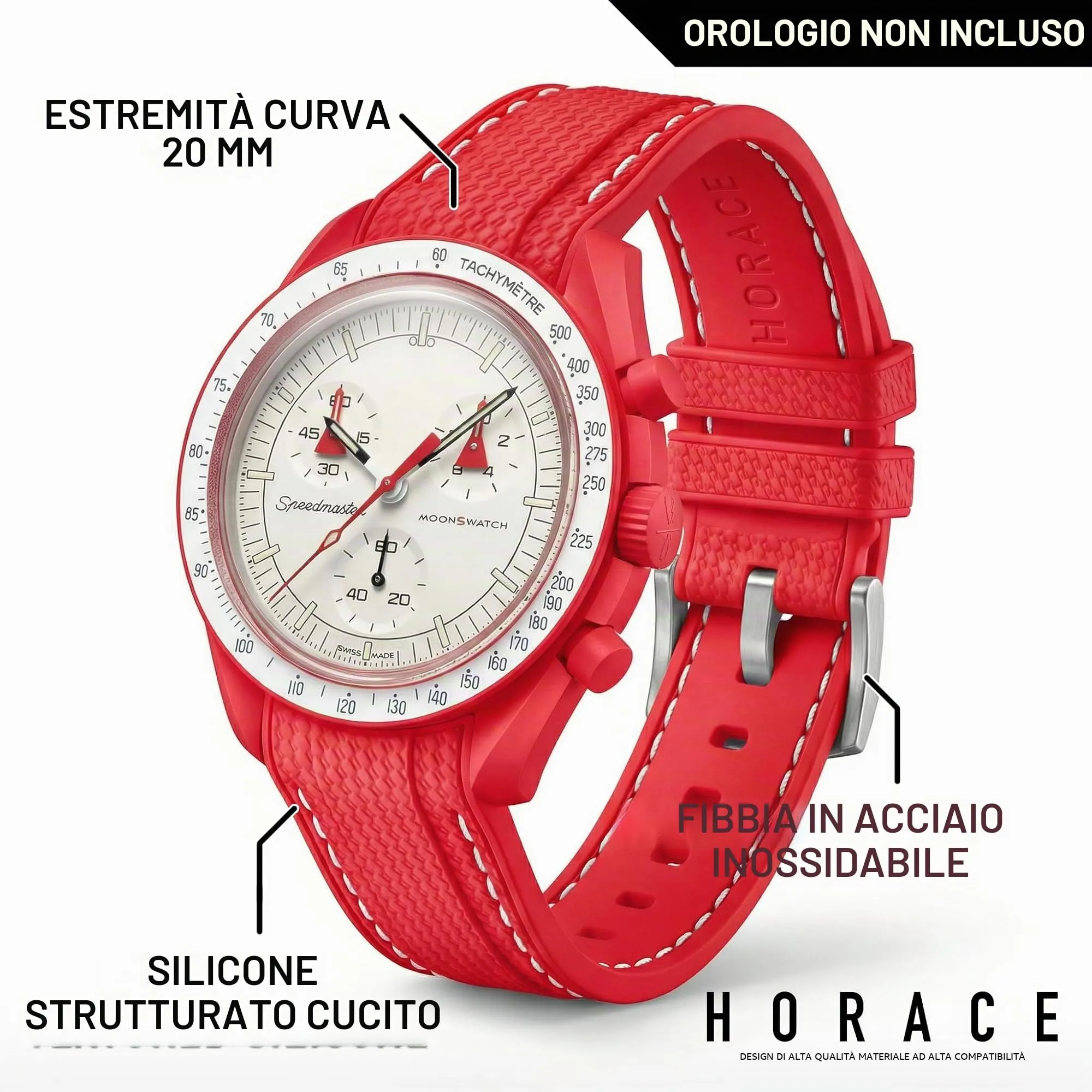 HORACE Cinturino universale per orologio in silicone liquido 20mm – Compatibile Omega x Swatch MoonSwatch – Kit di montaggio incluso (Rosso/Cucitura Bianca) - immagine 2