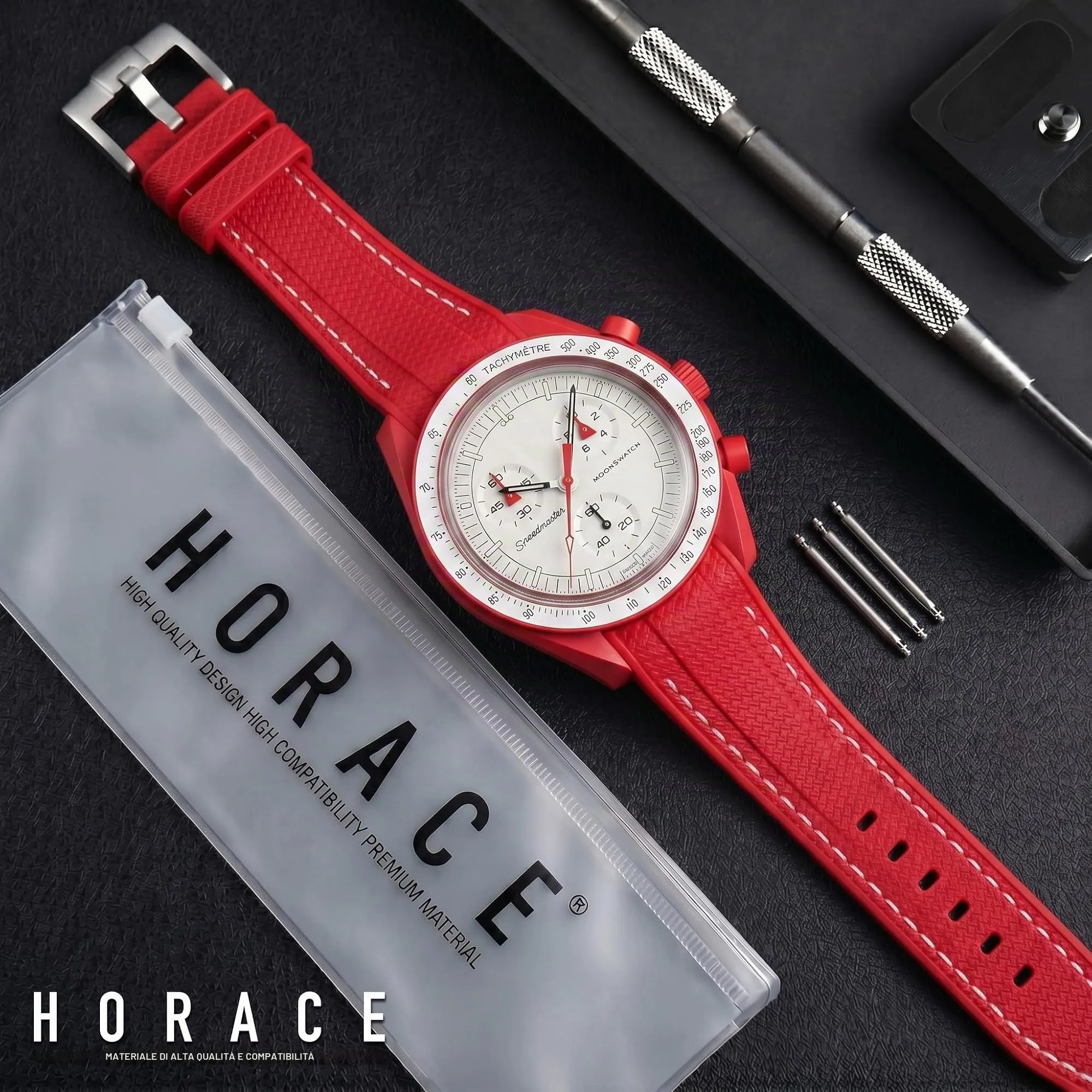 HORACE Cinturino universale per orologio in silicone liquido 20mm – Compatibile Omega x Swatch MoonSwatch – Kit di montaggio incluso (Rosso/Cucitura Bianca) - immagine 3
