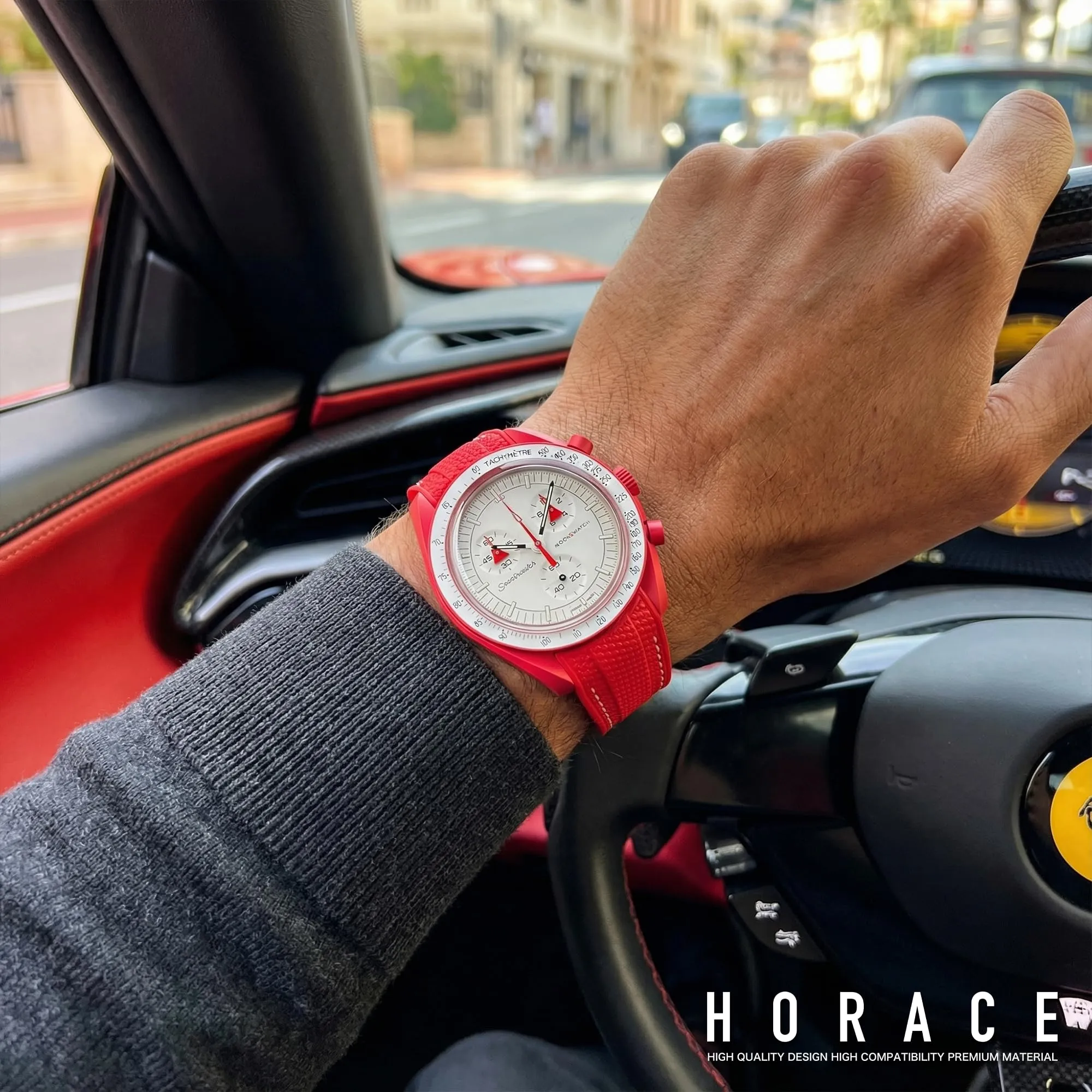 HORACE Cinturino universale per orologio in silicone liquido 20mm – Compatibile Omega x Swatch MoonSwatch – Kit di montaggio incluso (Rosso/Cucitura Bianca) - immagine 4