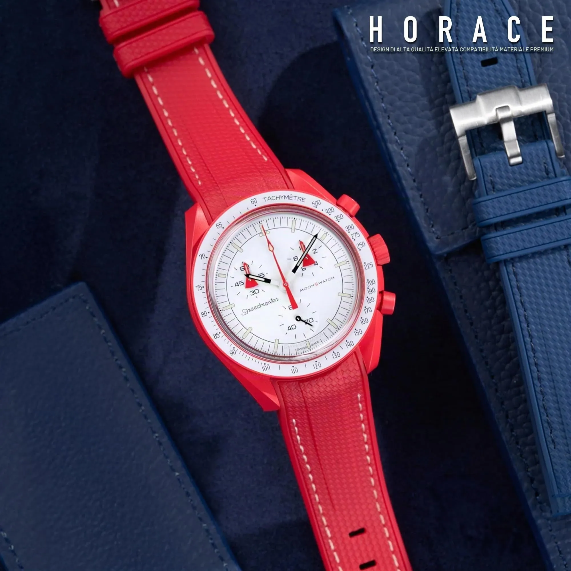 HORACE Cinturino universale per orologio in silicone liquido 20mm – Compatibile Omega x Swatch MoonSwatch – Kit di montaggio incluso (Rosso/Cucitura Bianca) - immagine 5