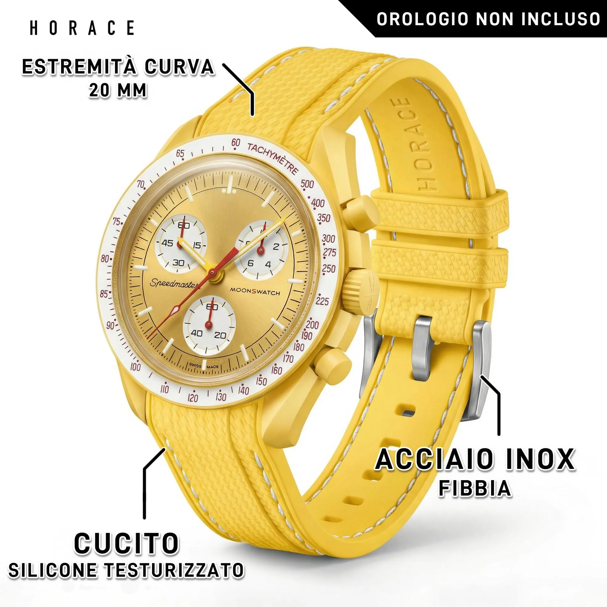 HORACE Cinturino universale per orologio in silicone liquido 20mm – Compatibile Omega x Swatch MoonSwatch – Kit di montaggio incluso (Giallo/Cucitura Bianca) - immagine 2
