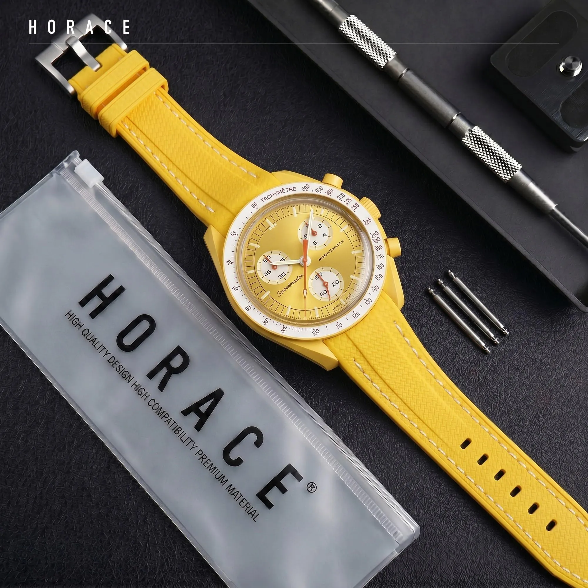 HORACE Cinturino universale per orologio in silicone liquido 20mm – Compatibile Omega x Swatch MoonSwatch – Kit di montaggio incluso (Giallo/Cucitura Bianca) - immagine 3