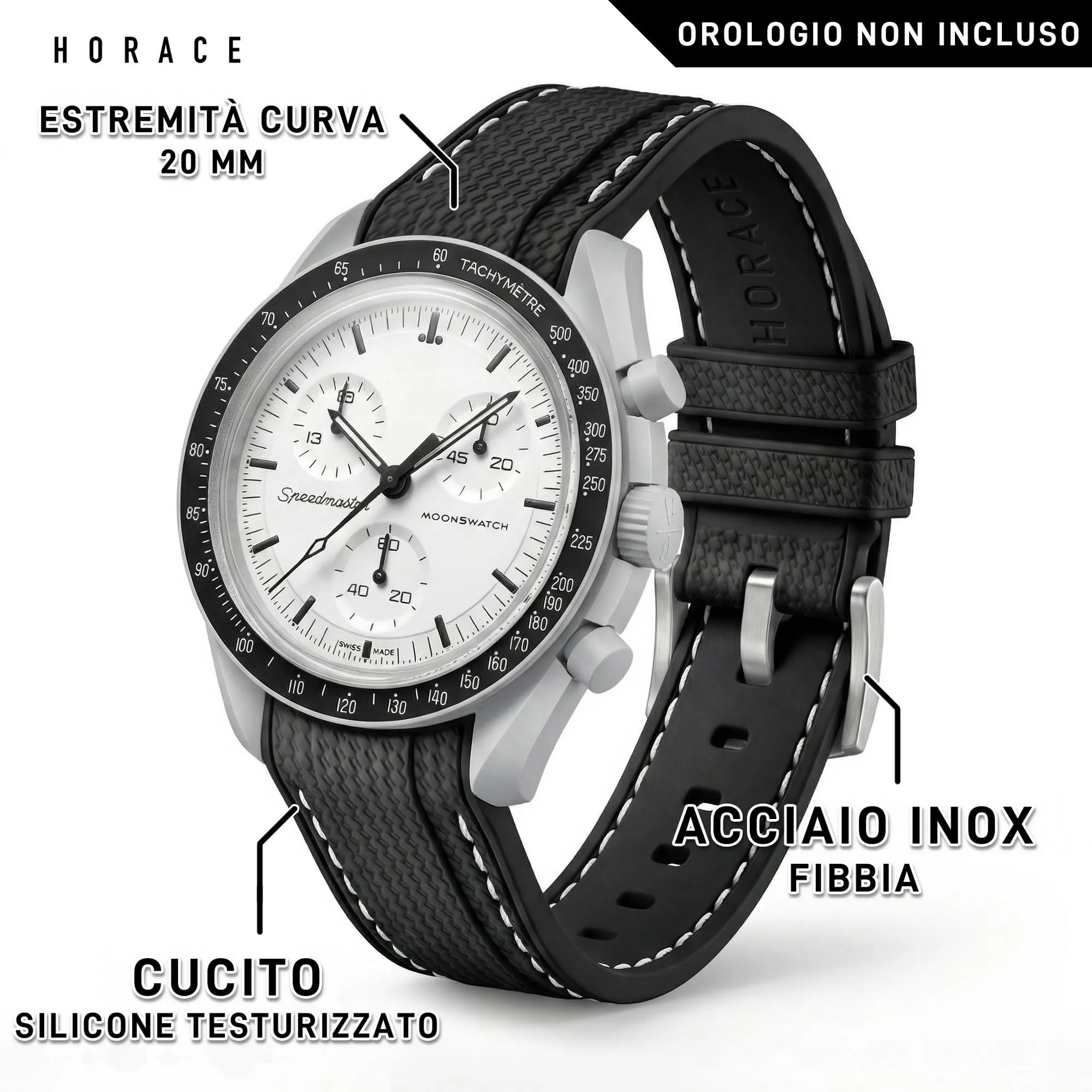 HORACE Cinturino universale per orologio in silicone liquido 20mm – Compatibile Omega x Swatch MoonSwatch – Kit di montaggio incluso (Nero/Cucitura Bianca – Argento) - immagine 2