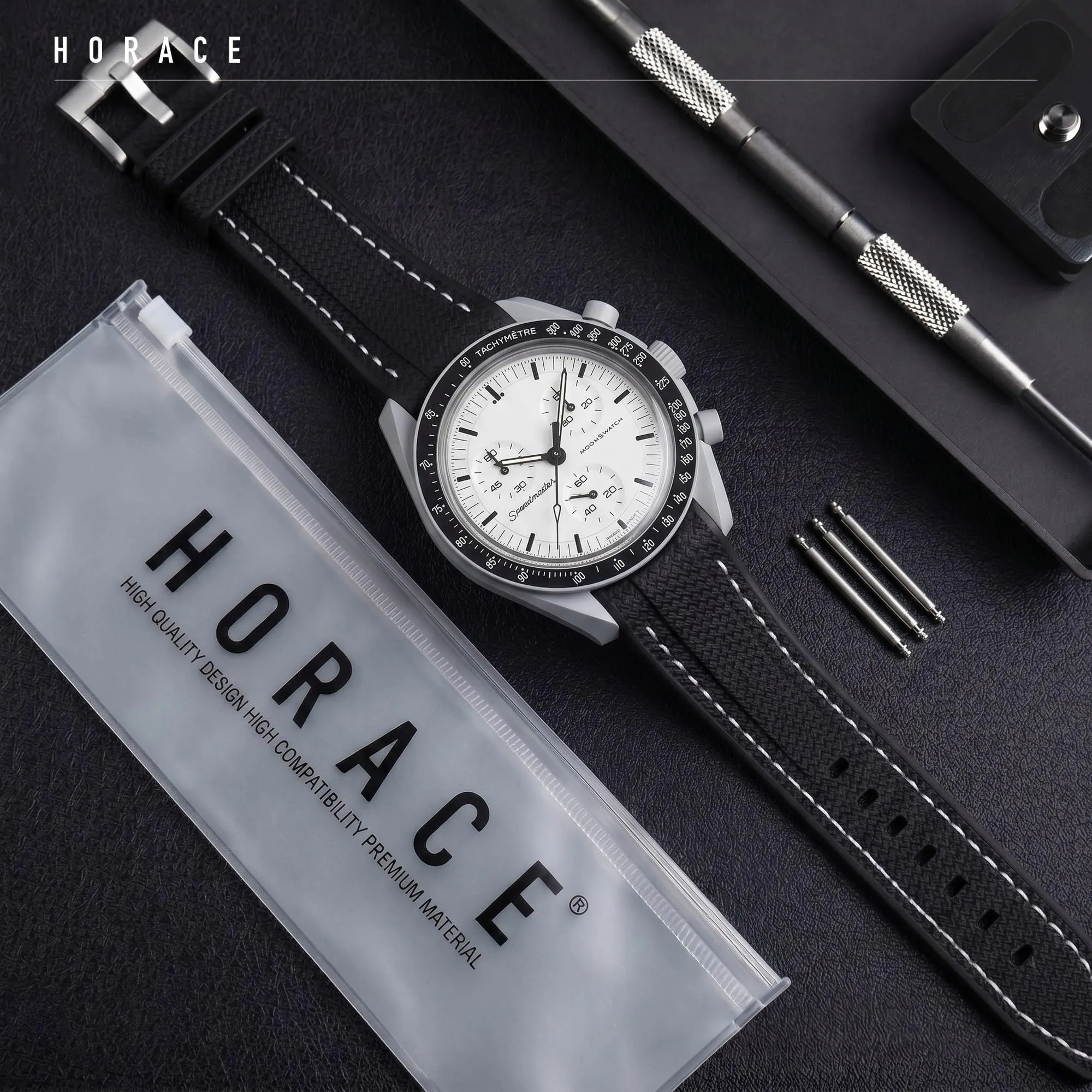 HORACE Cinturino universale per orologio in silicone liquido 20mm – Compatibile Omega x Swatch MoonSwatch – Kit di montaggio incluso (Nero/Cucitura Bianca – Argento) - immagine 3