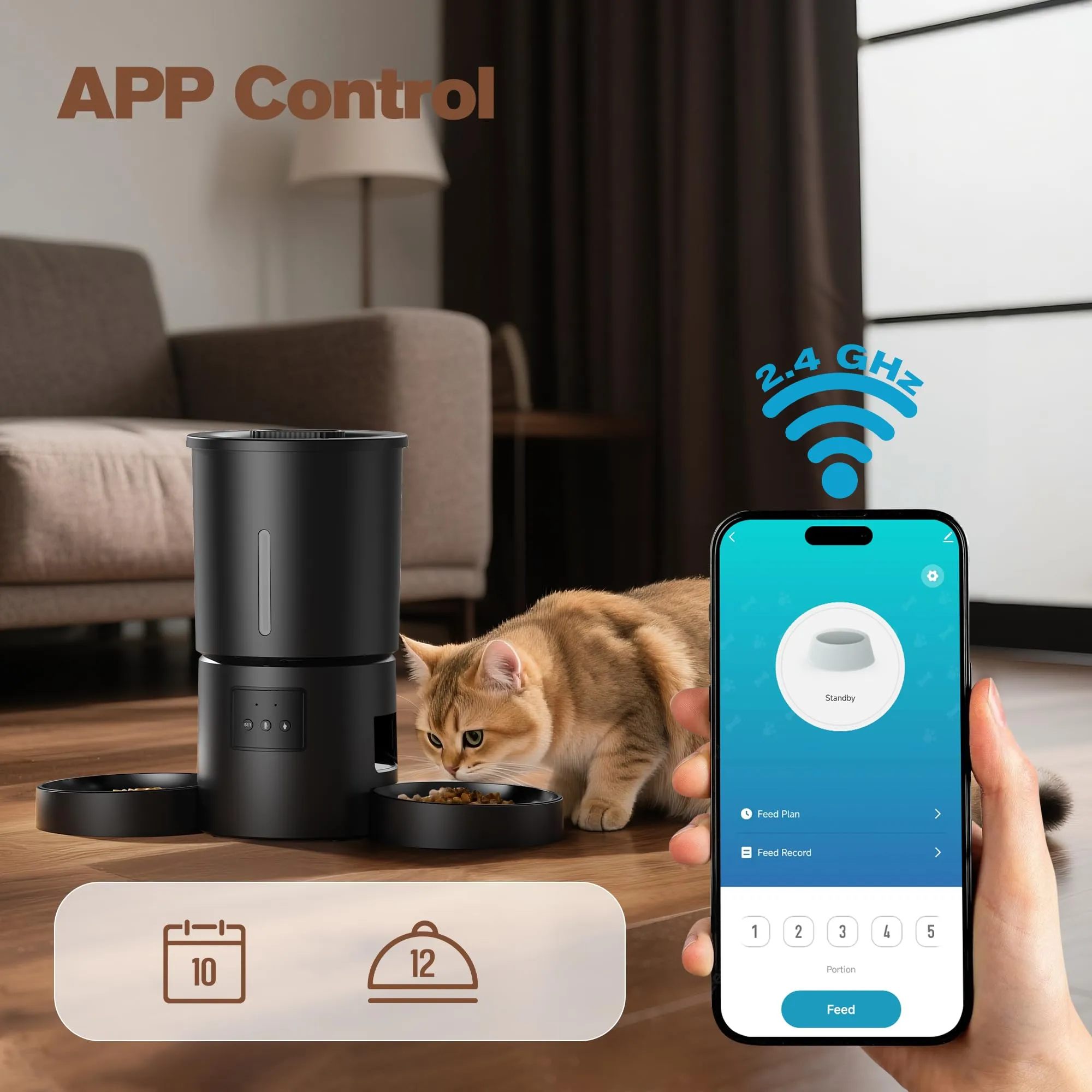 Distributore Automatico Cibo Gatti 2 Ciotole: 5L Distributore Automatico Cibo Cane con Timer WiFi 2.4G per Crocchette - Design Doppia Ciotola per Famiglie con Più Gatti & Cani - Nero - immagine 2
