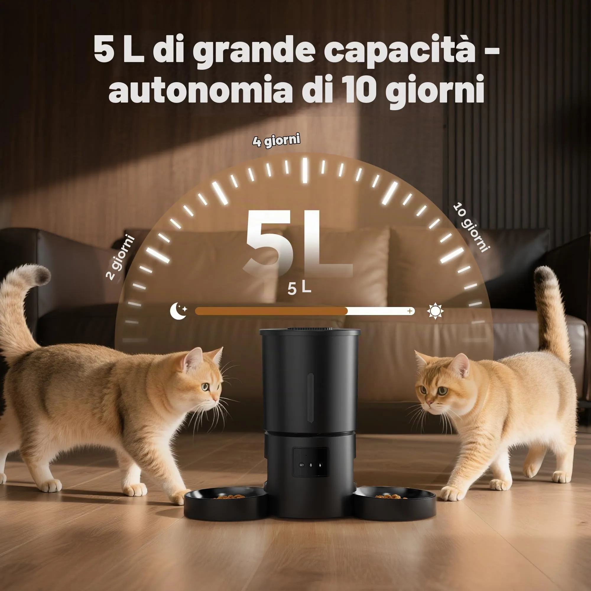 Distributore Automatico Cibo Gatti 2 Ciotole: 5L Distributore Automatico Cibo Cane con Timer WiFi 2.4G per Crocchette - Design Doppia Ciotola per Famiglie con Più Gatti & Cani - Nero - immagine 4