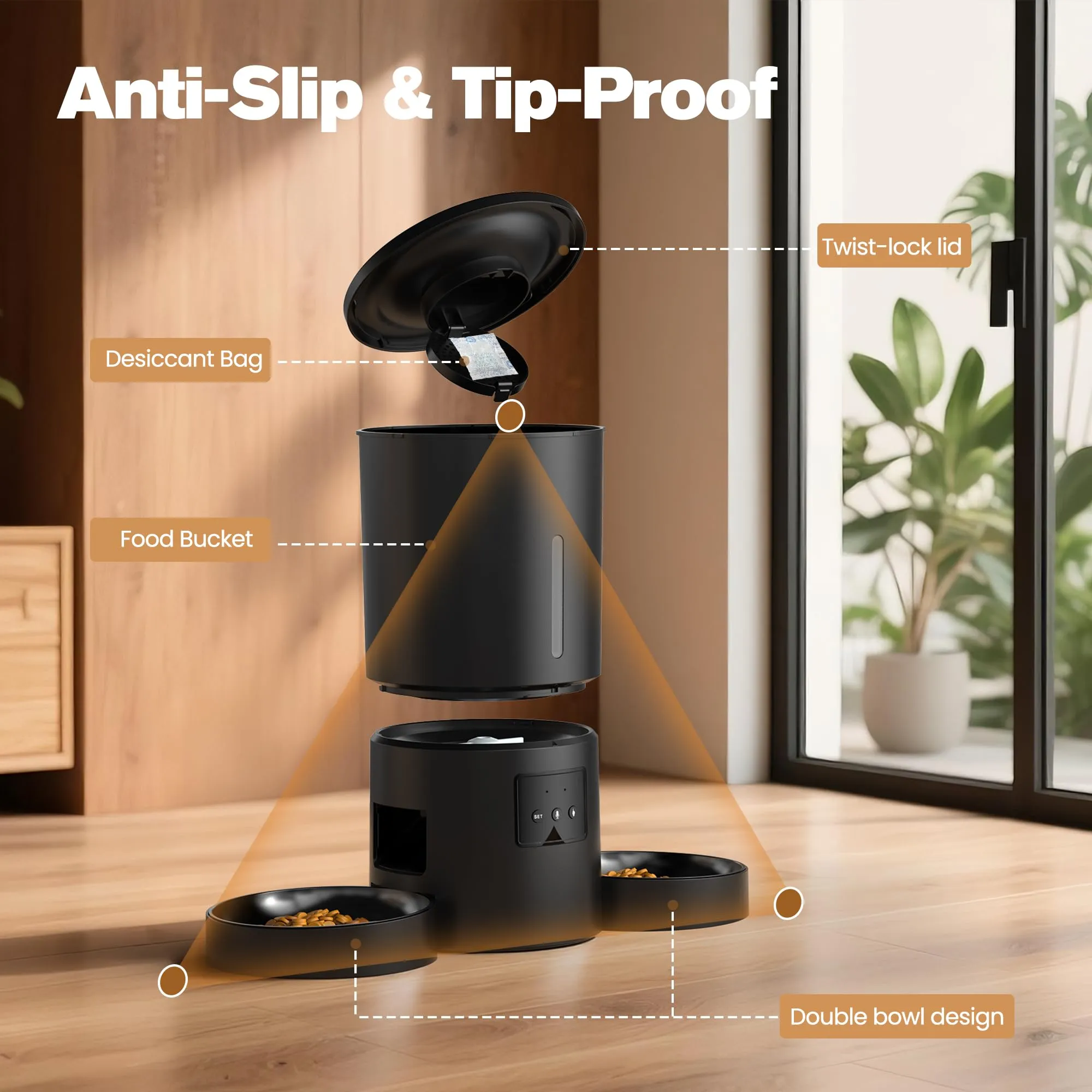 Distributore Automatico Cibo Gatti 2 Ciotole: 5L Distributore Automatico Cibo Cane con Timer WiFi 2.4G per Crocchette - Design Doppia Ciotola per Famiglie con Più Gatti & Cani - Nero - immagine 9