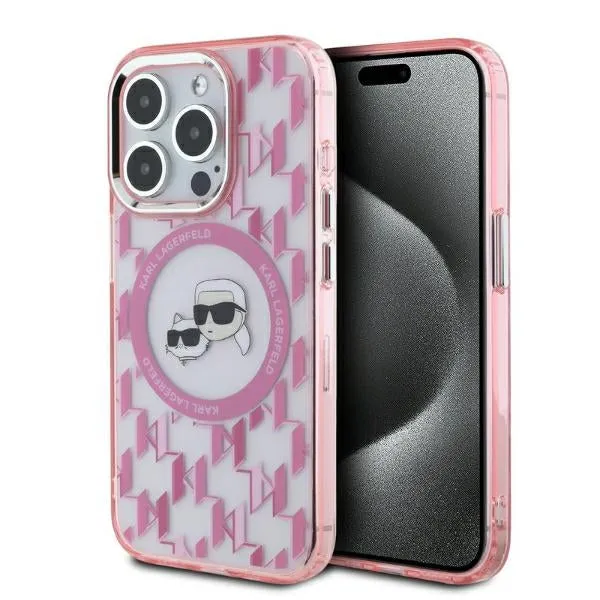 Custodia MagSafe per Apple iPhone 15 Pro Max, Karl Lagerfeld, IML Monogramma Karl & Choupette's Heads, Rosa - immagine 1