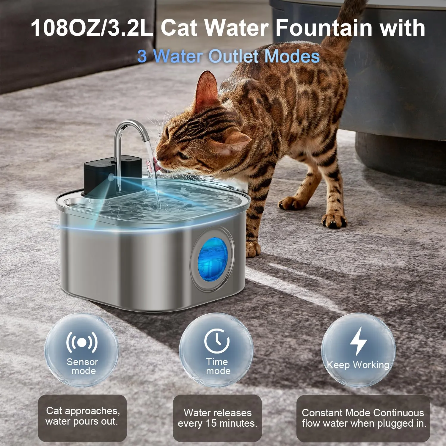 Fontanella per Gatti senza Fili: NautyPaws 3.2L Fontanella per Gatti Acciaio con Batteria 4200mAh, Fontana per Gatto con Sensore di Movimento, Automatico Silenzioso Dispenser Acqua Gatto con Filtri - immagine 2