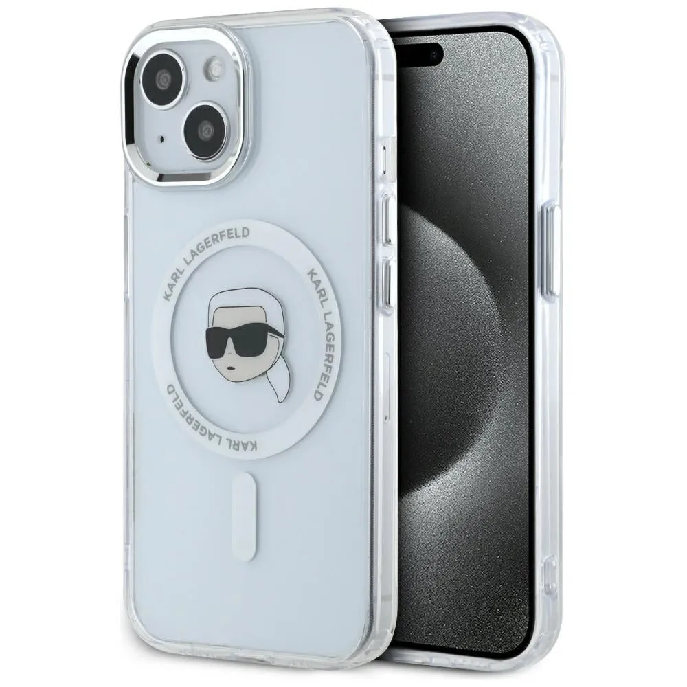 Custodia MagSafe per Apple iPhone 15 Plus, Karl Lagerfeld, IML Metal Karl's Head, Bianca - immagine 1