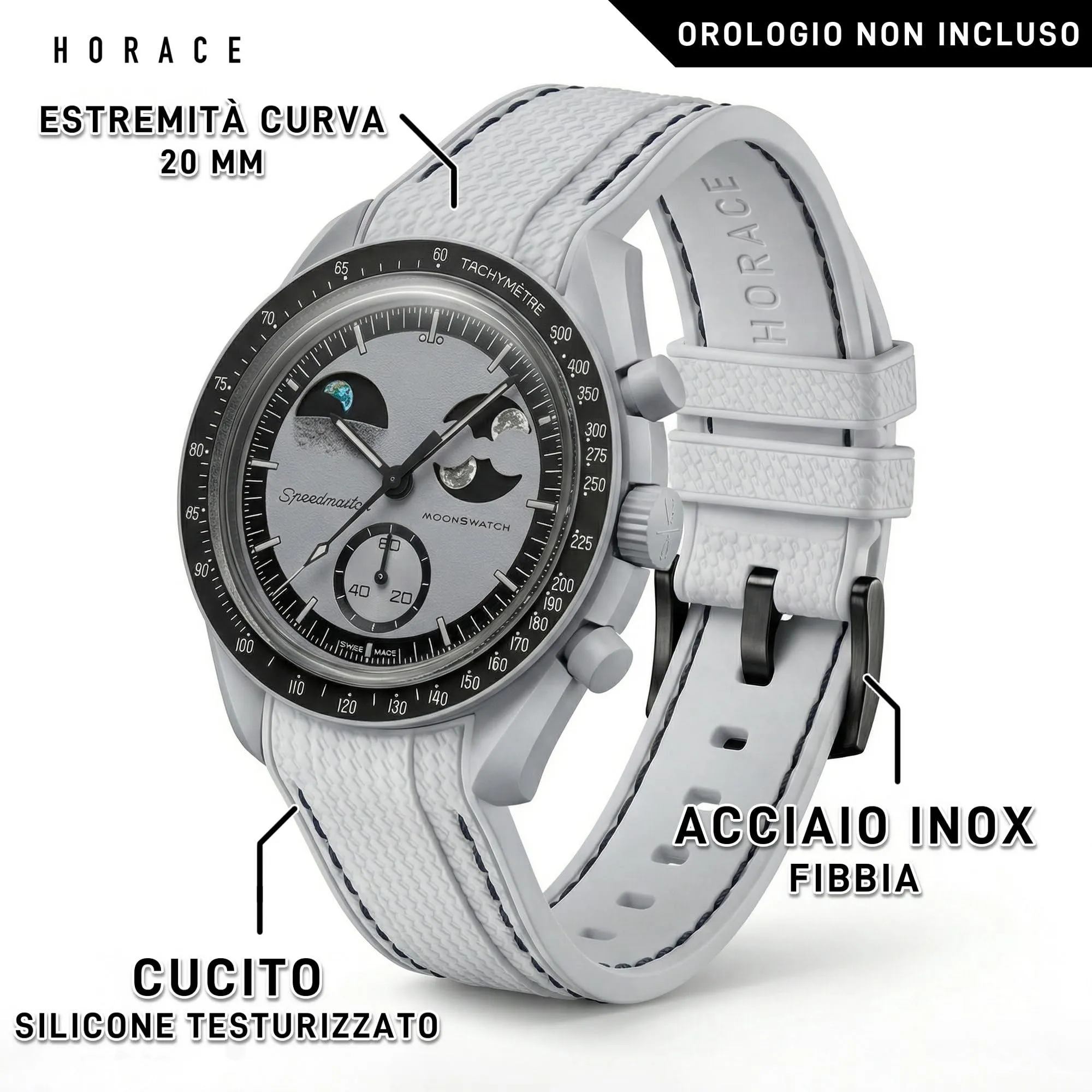 HORACE Cinturino universale per orologio in silicone liquido 20mm – Compatibile Omega x Swatch MoonSwatch – Kit di montaggio incluso (Grigio Chiaro/Cuciture Nere – Nero) - immagine 2