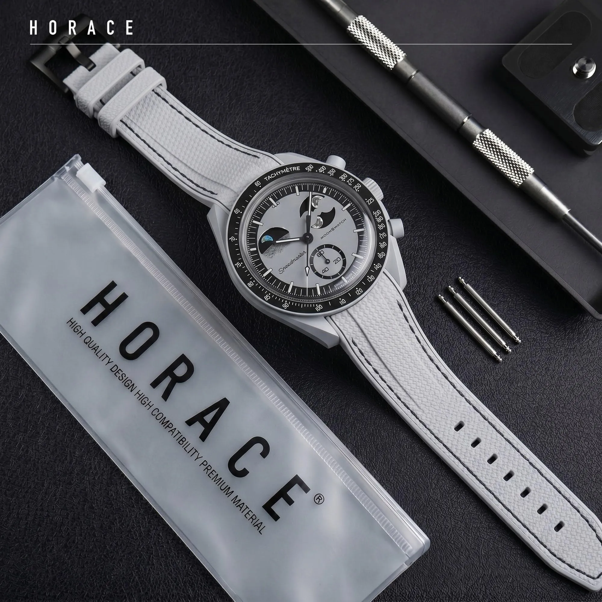 HORACE Cinturino universale per orologio in silicone liquido 20mm – Compatibile Omega x Swatch MoonSwatch – Kit di montaggio incluso (Grigio Chiaro/Cuciture Nere – Nero) - immagine 3