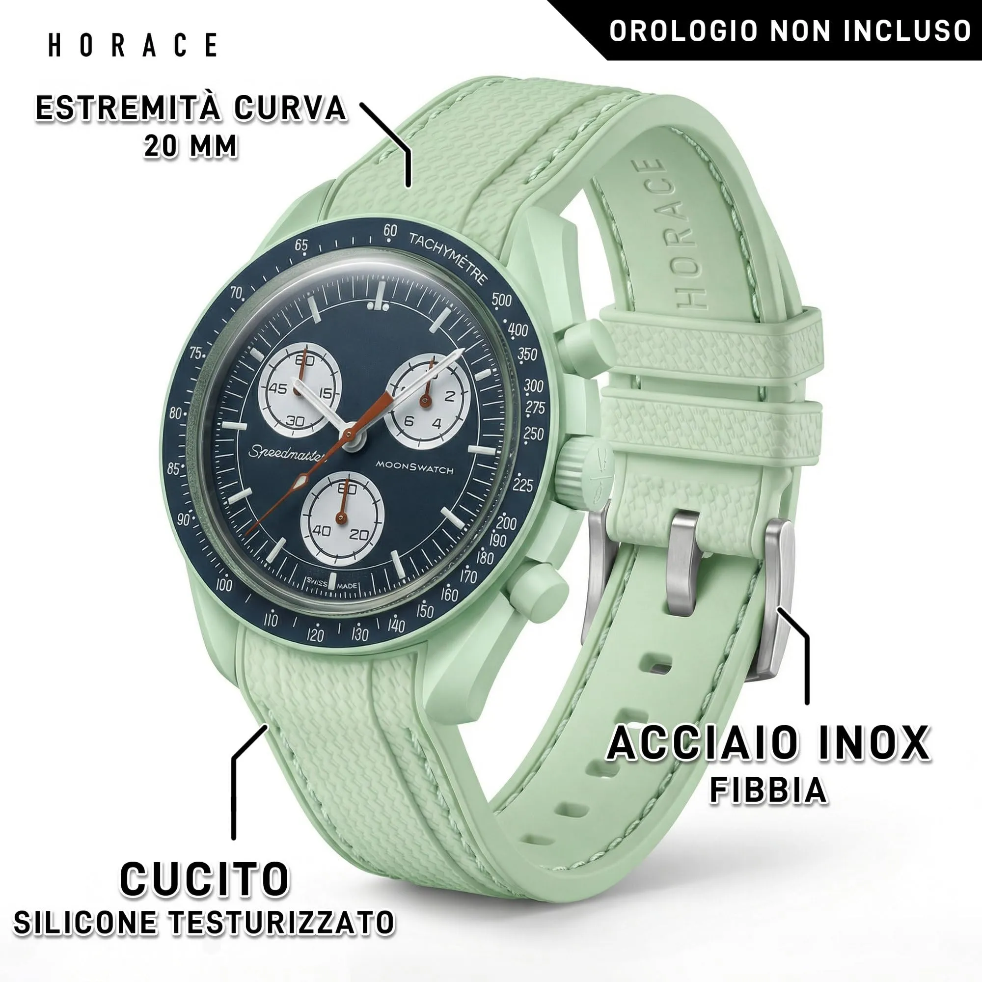 HORACE Cinturino universale per orologio in silicone liquido 20mm – Compatibile Omega x Swatch MoonSwatch – Kit di montaggio incluso (Verde Menta/Cuciture Menta – Argento) - immagine 2