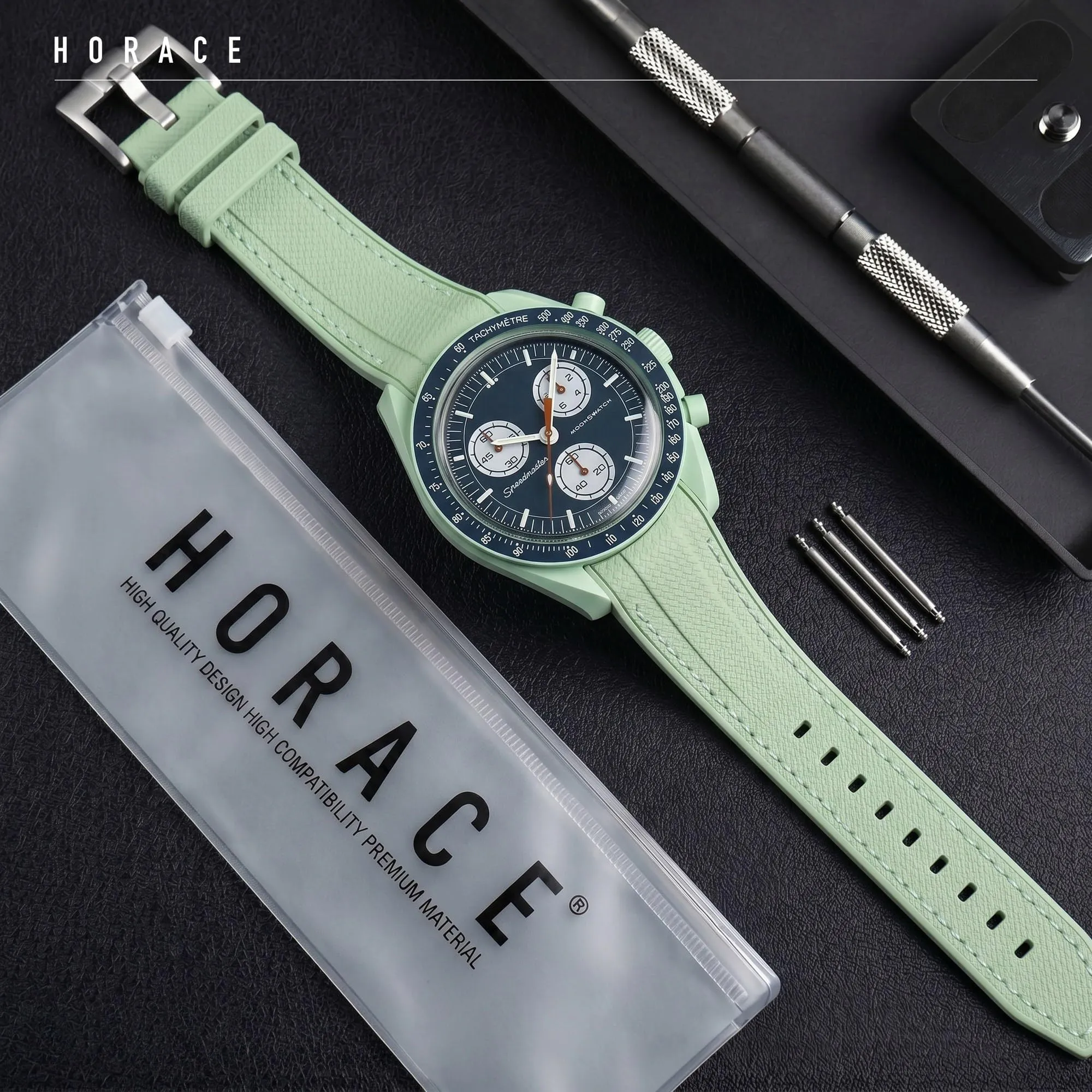HORACE Cinturino universale per orologio in silicone liquido 20mm – Compatibile Omega x Swatch MoonSwatch – Kit di montaggio incluso (Verde Menta/Cuciture Menta – Argento) - immagine 3