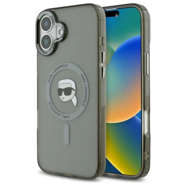 Custodia MagSafe per Apple iPhone 16, Karl Lagerfeld, IML Metal Karl's Head, Nera - immagine 1