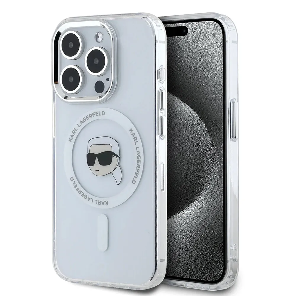 Custodia MagSafe per Apple iPhone 16 Pro, Karl Lagerfeld, IML Metal Karl's Head, Bianca - immagine 1