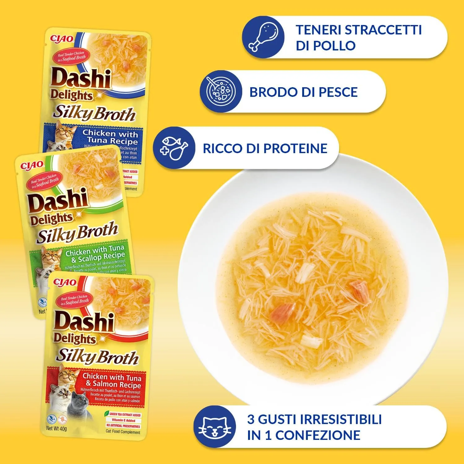 INABA Dashi Silky Broth Gatti, Cibo Umido, Pollo e Tonno, Multipack 12x40g - immagine 3