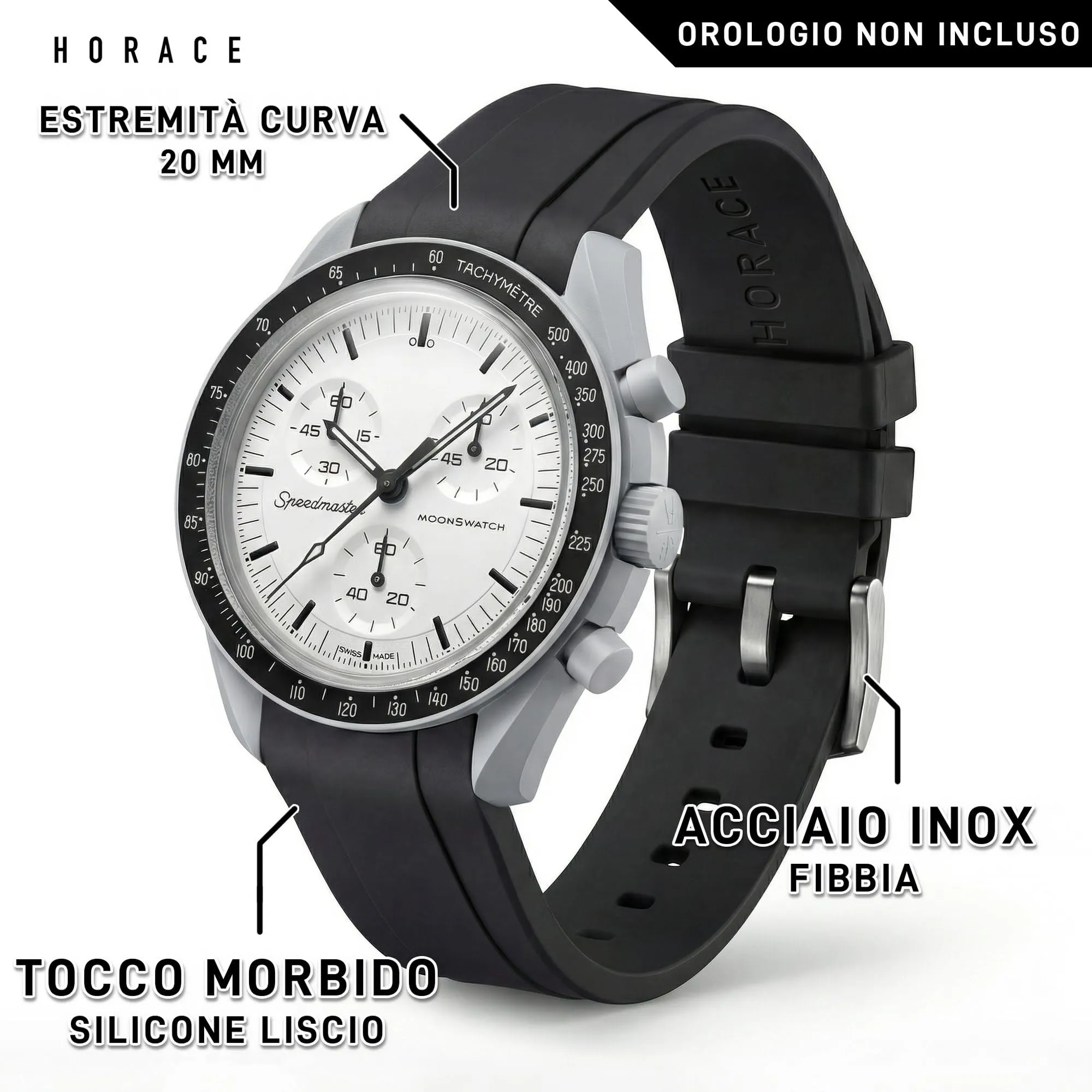 HORACE Cinturino universale per orologio in silicone liquido 20mm – Compatibile Omega x Swatch MoonSwatch – Kit di montaggio incluso (Nero – Argento) - immagine 2