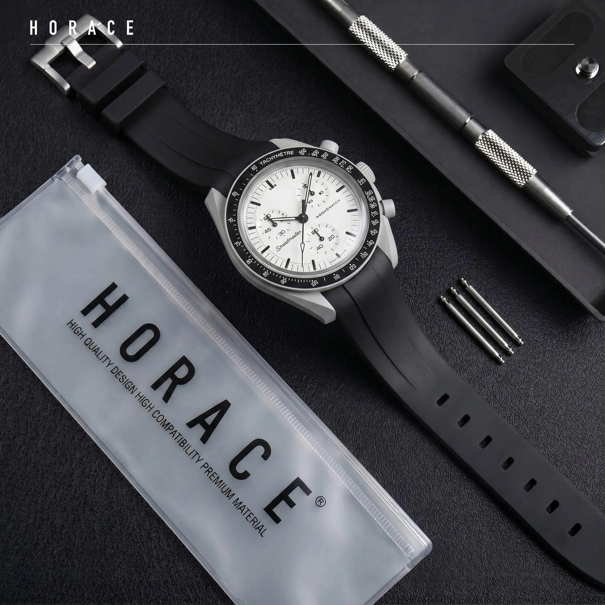 HORACE Cinturino universale per orologio in silicone liquido 20mm – Compatibile Omega x Swatch MoonSwatch – Kit di montaggio incluso (Nero – Argento) - immagine 3