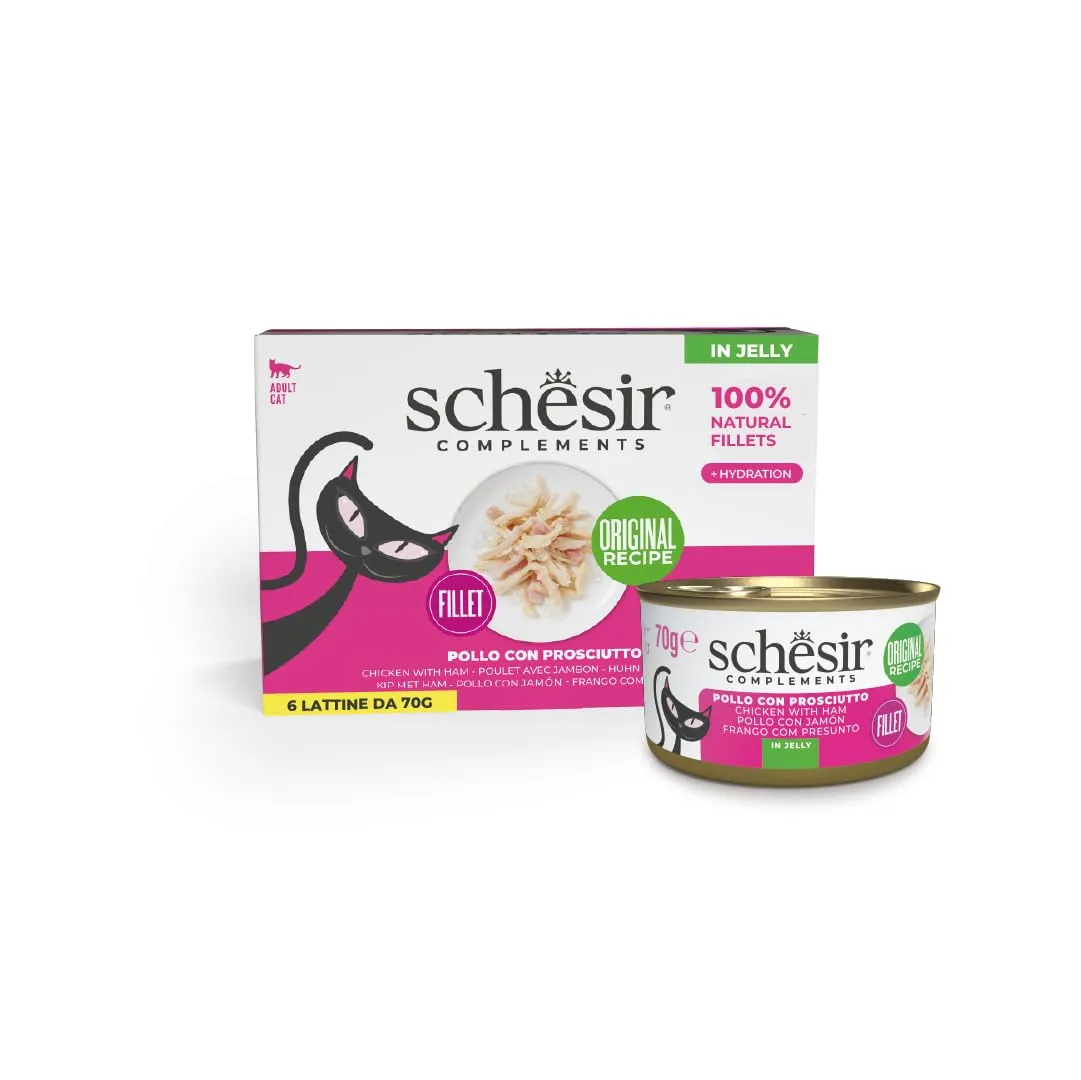 Schesir, Filetti di Pollo con Prosciutto in Gelatina, Cibo Umido Complementare per Gatti, Ricetta Originale, 100% Naturale, 6 lattine da 70g - immagine 1