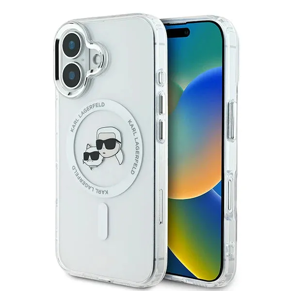 Custodia MagSafe per Apple iPhone 16 Plus, Karl Lagerfeld, IML Metal Karl & Choupette's Heads, Bianca - immagine 1