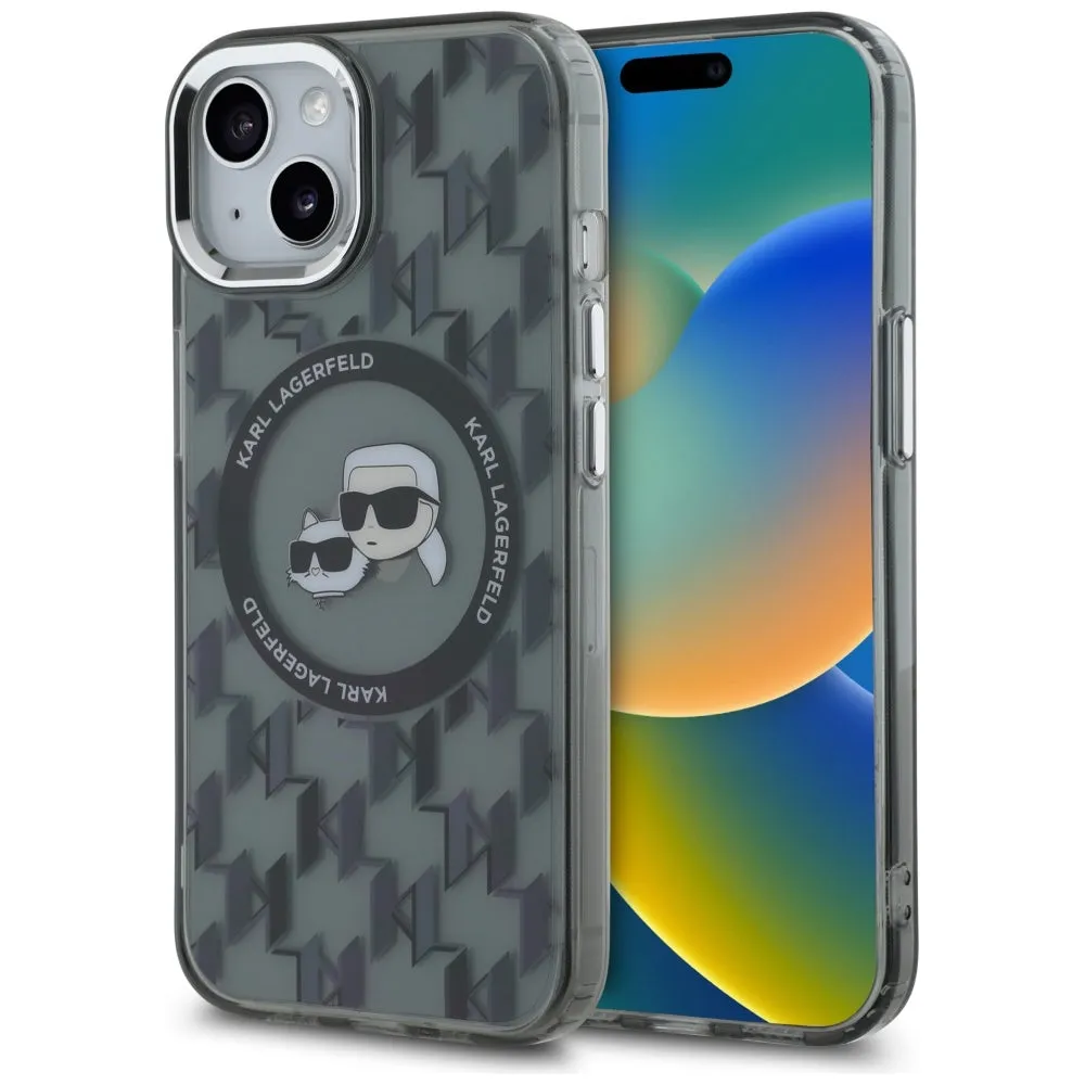 Custodia MagSafe per Apple iPhone 15, Karl Lagerfeld, IML Monogram Karl & Choupette's Heads, Nera - immagine 1