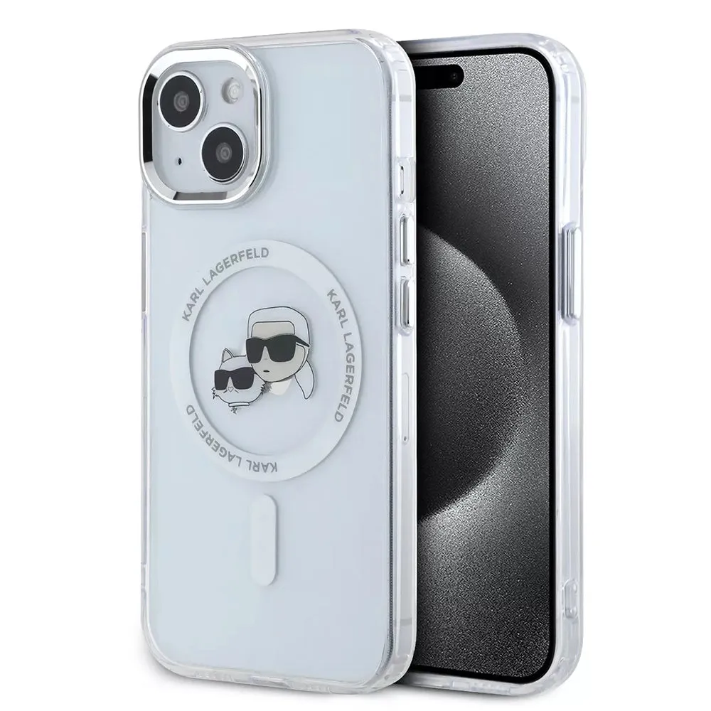 Custodia MagSafe per Apple iPhone 15, Karl Lagerfeld, IML Metal Karl & Choupette's Heads, Bianca - immagine 1