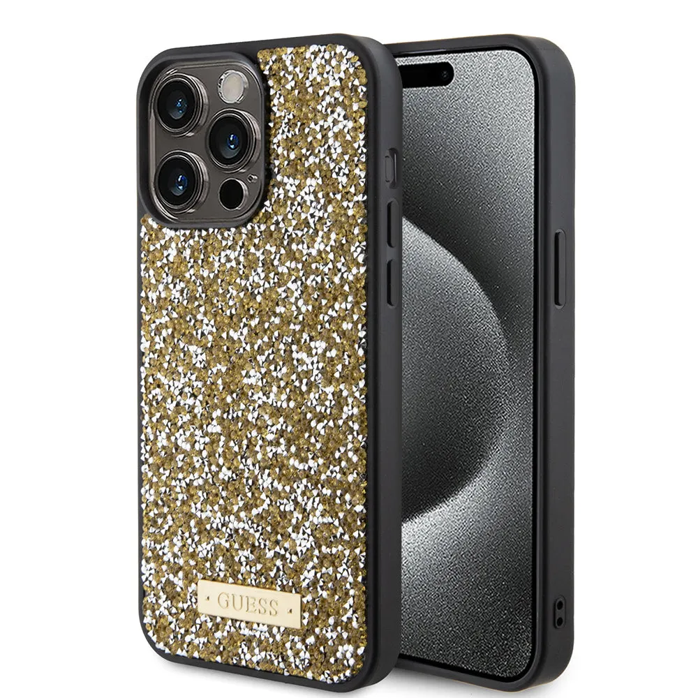 Custodia per Apple iPhone 15 Pro Max, Guess, Rhinestone Metal Logo, Gialla - immagine 1