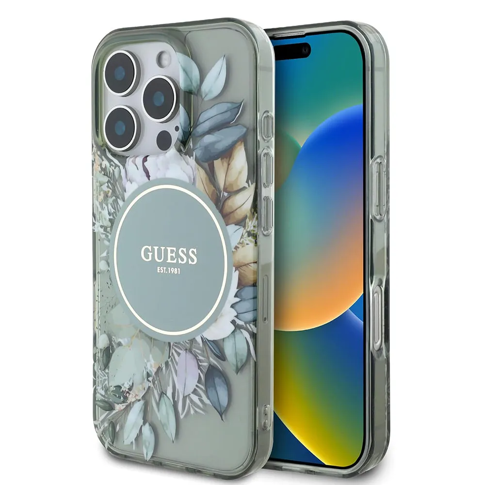 Custodia MagSafe per Apple iPhone 16 Pro, Guess, IML Flower & Tonal Circle, Verde - immagine 1