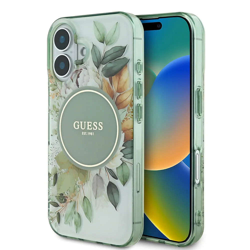 Custodia MagSafe per Apple iPhone 16, Guess, IML Flower & Tonal Circle, Verde - immagine 1