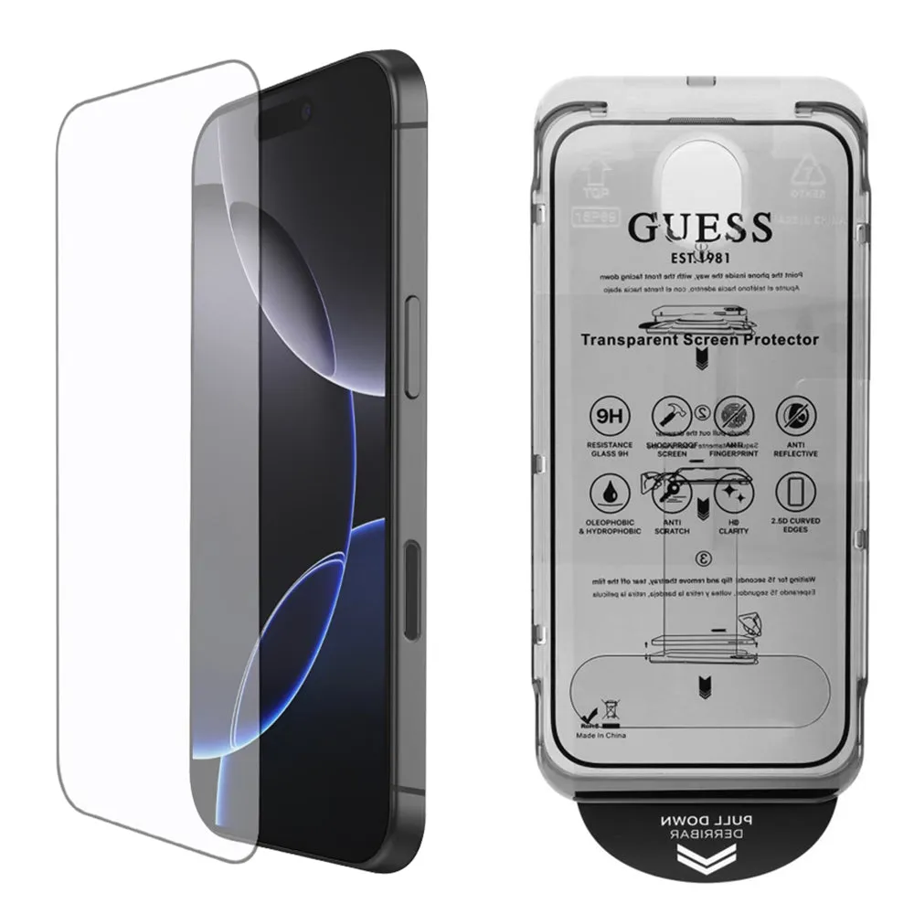Pellicola Protettiva Schermo Guess Classic Outline per Apple iPhone 16, Vetro Temperato, Full Glue, 2.5D, Nera - immagine 1