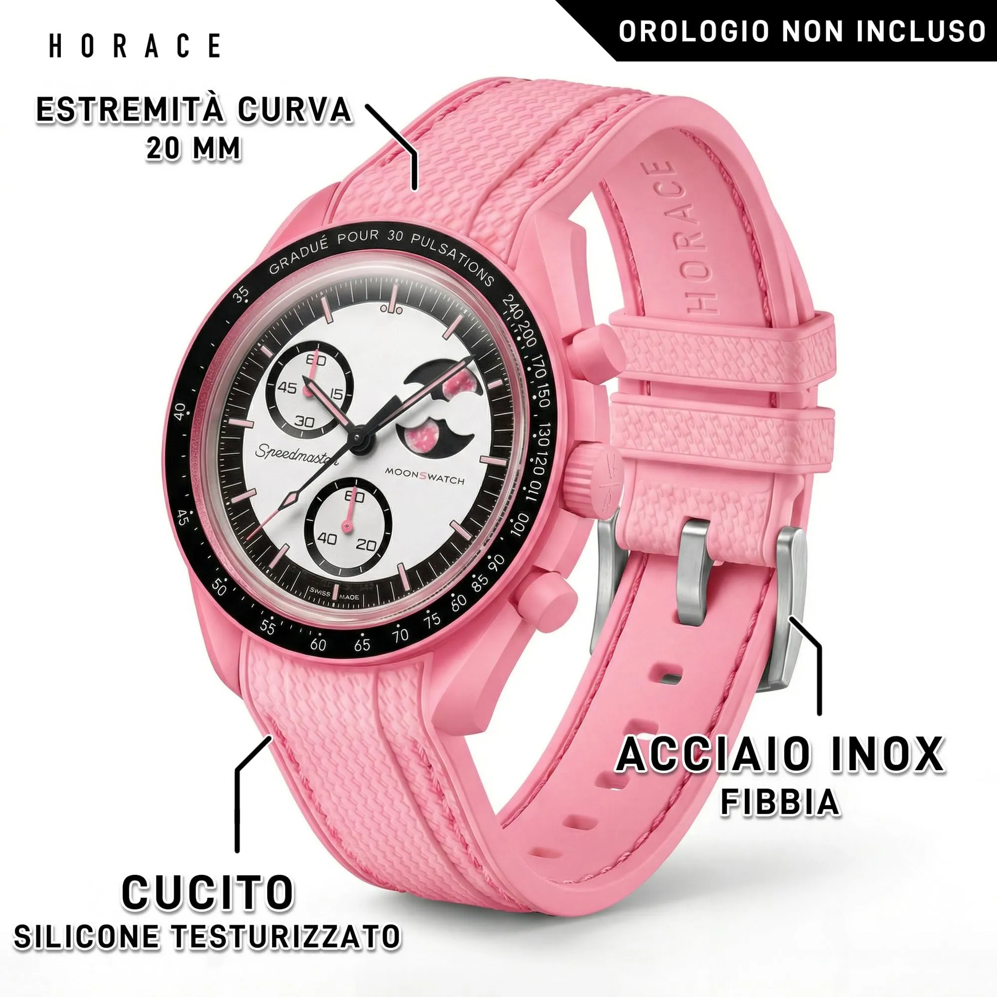 HORACE Cinturino universale per orologio in silicone liquido 20mm – Compatibile Omega x Swatch MoonSwatch – Kit di montaggio incluso (Pink Moon/Cucitura Rosa – Argento) - immagine 2