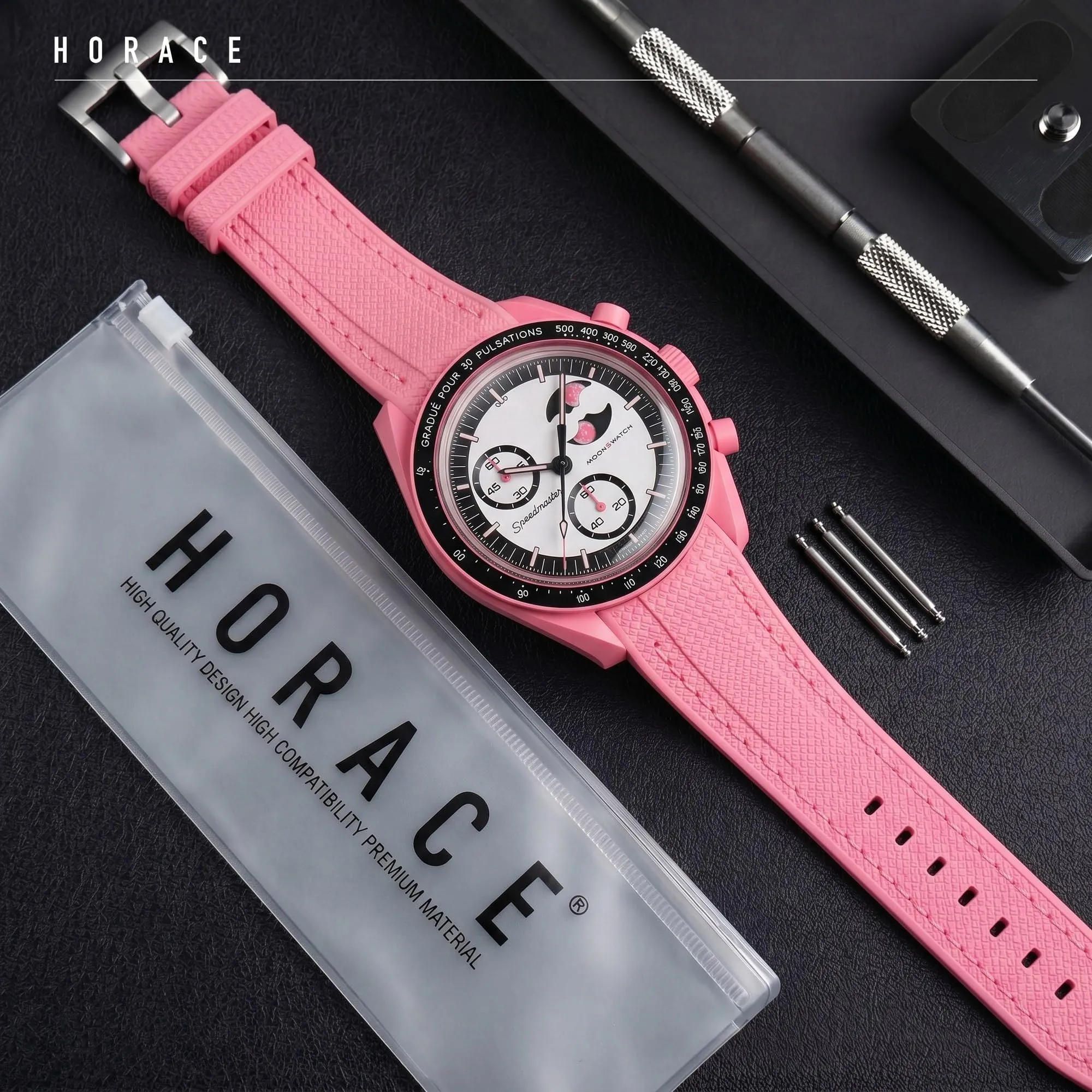 HORACE Cinturino universale per orologio in silicone liquido 20mm – Compatibile Omega x Swatch MoonSwatch – Kit di montaggio incluso (Pink Moon/Cucitura Rosa – Argento) - immagine 3