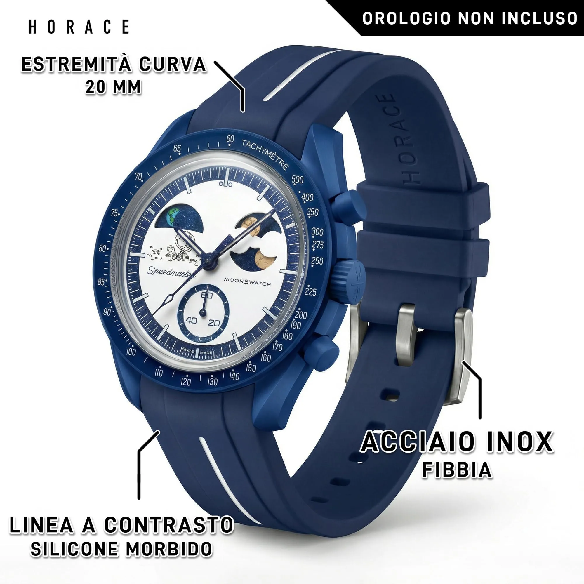 HORACE Cinturino universale per orologio in silicone liquido 20mm – Compatibile Omega x Swatch MoonSwatch – Kit di montaggio incluso (Blu/Linea Bianca – Argento) - immagine 2