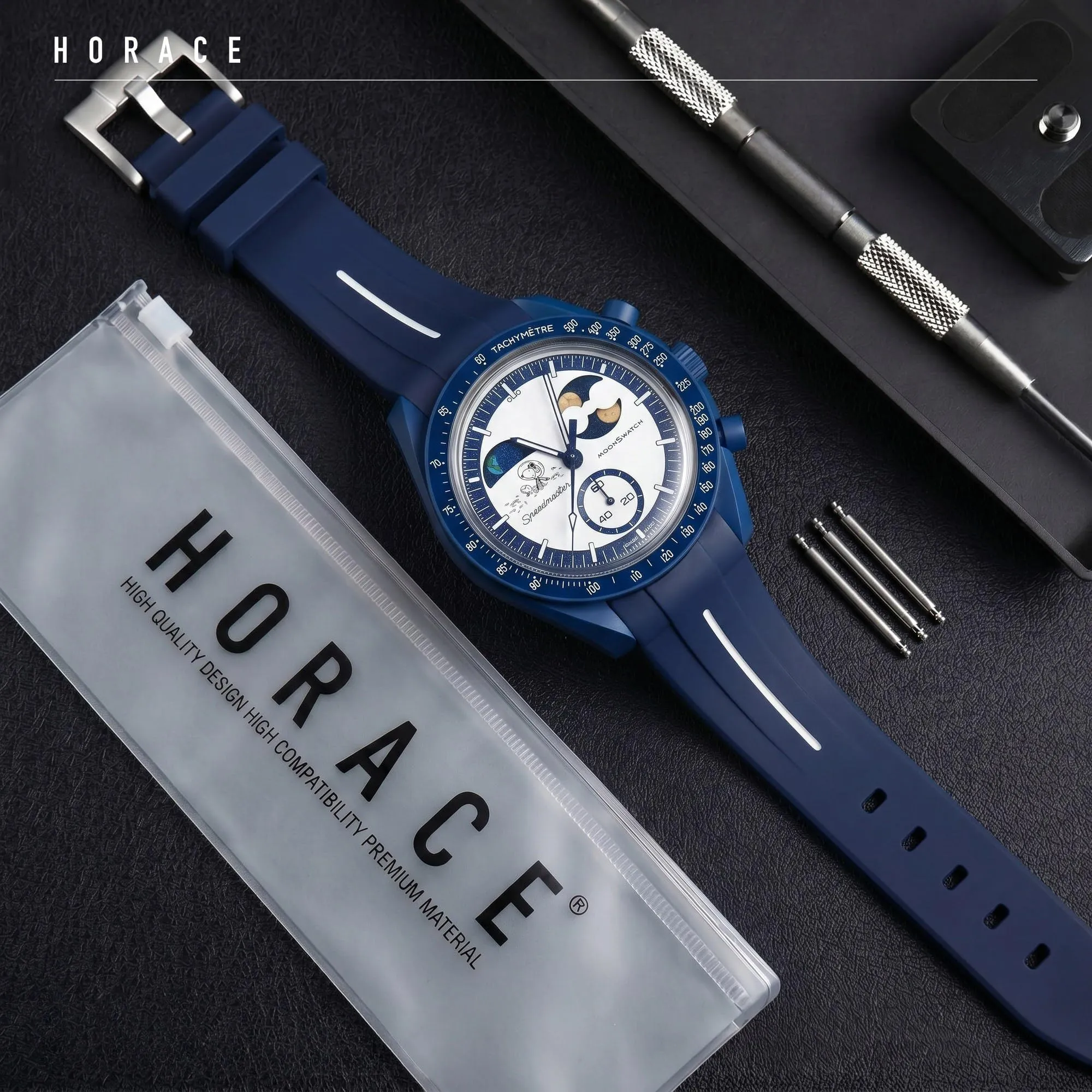HORACE Cinturino universale per orologio in silicone liquido 20mm – Compatibile Omega x Swatch MoonSwatch – Kit di montaggio incluso (Blu/Linea Bianca – Argento) - immagine 3