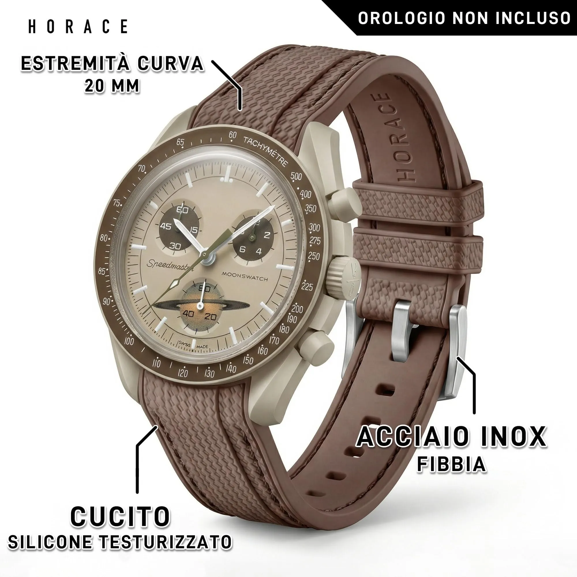 HORACE Cinturino universale per orologio in silicone liquido 20mm – Compatibile Omega x Swatch MoonSwatch – Kit di montaggio incluso (Marrone/Cuciture Marroni – Argento) - immagine 2