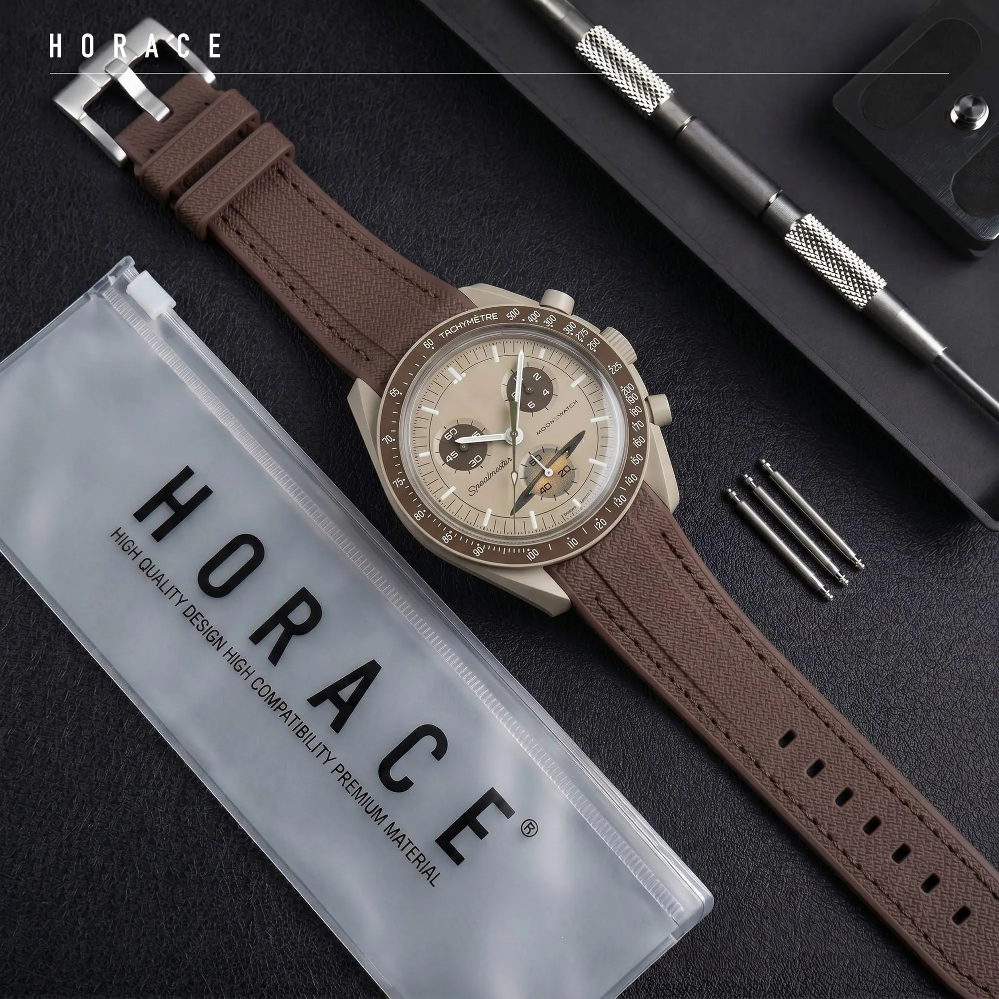 HORACE Cinturino universale per orologio in silicone liquido 20mm – Compatibile Omega x Swatch MoonSwatch – Kit di montaggio incluso (Marrone/Cuciture Marroni – Argento) - immagine 3