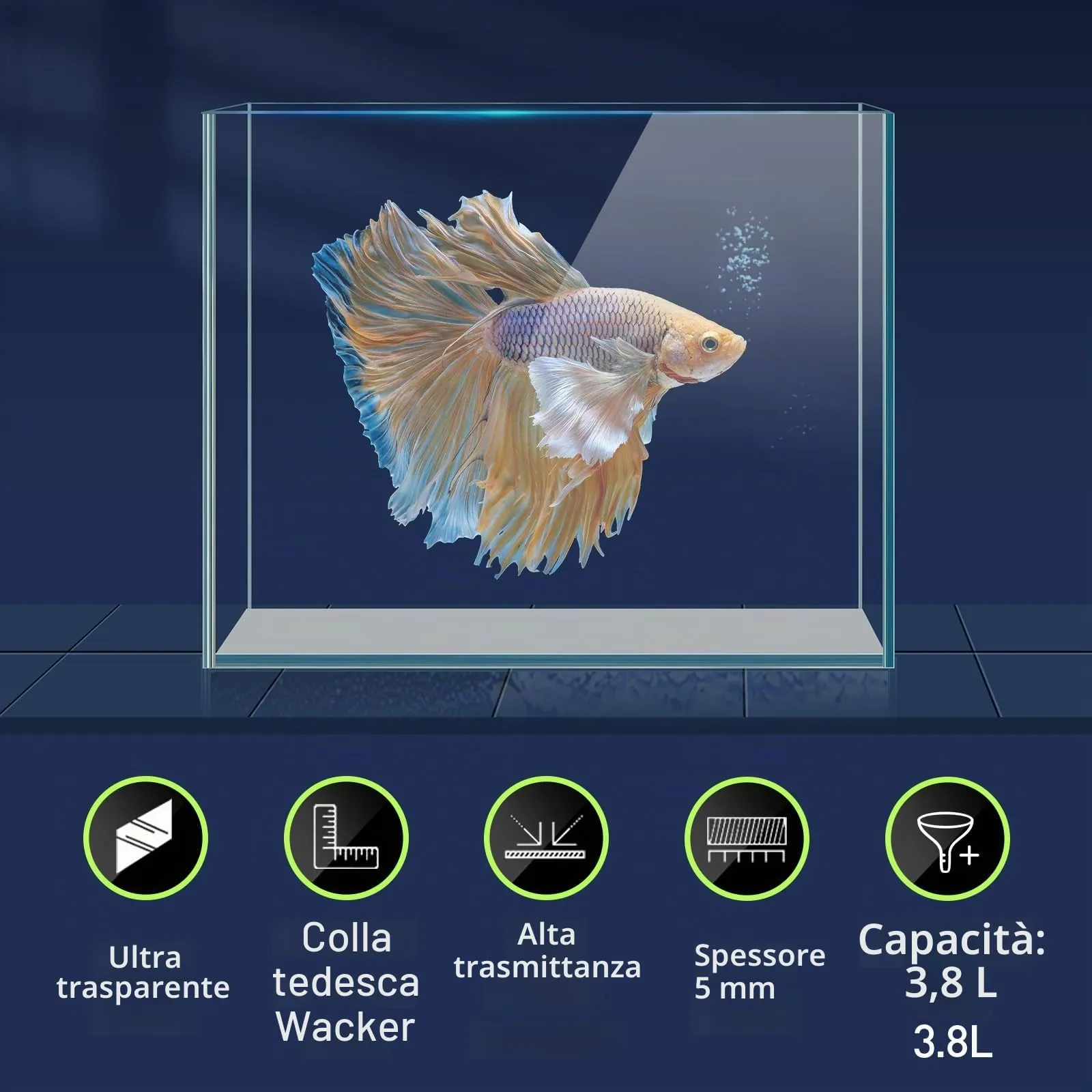 LAQUAL Kit acquario da 3.8 L con rete, sifone per acqua & 2 panni pulizia, vetro cristallino, piccolo acquario per Betta & pesci rossi, bella decorazione casa - immagine 2