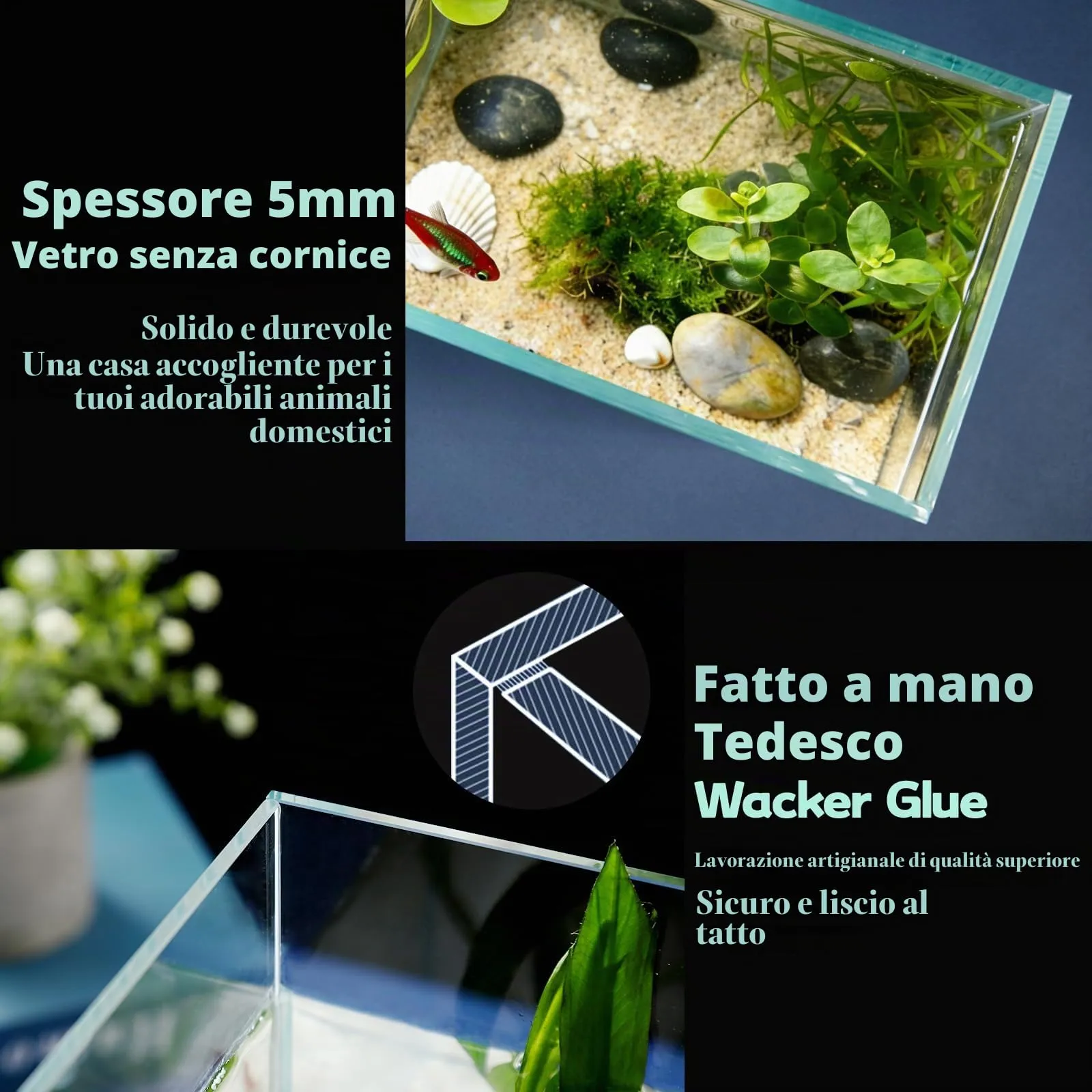 LAQUAL Kit acquario da 3.8 L con rete, sifone per acqua & 2 panni pulizia, vetro cristallino, piccolo acquario per Betta & pesci rossi, bella decorazione casa - immagine 4