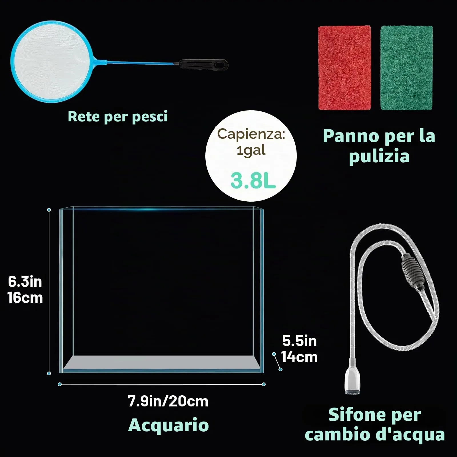 LAQUAL Kit acquario da 3.8 L con rete, sifone per acqua & 2 panni pulizia, vetro cristallino, piccolo acquario per Betta & pesci rossi, bella decorazione casa - immagine 5