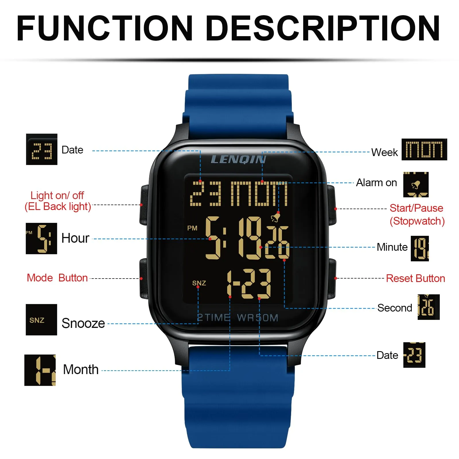 LN LENQIN Orologio Uomo Digitale Impermeabile Sportivo LED Cronometro - immagine 6