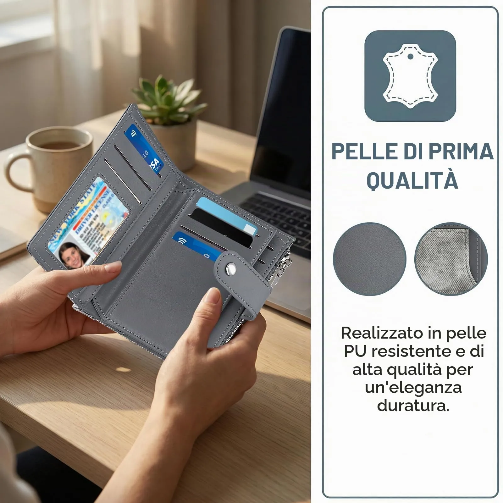 Rieoany Portafoglio Donna, 22 Slot, Portafoglio Piccolo Con Cerniera,Grigio - immagine 6