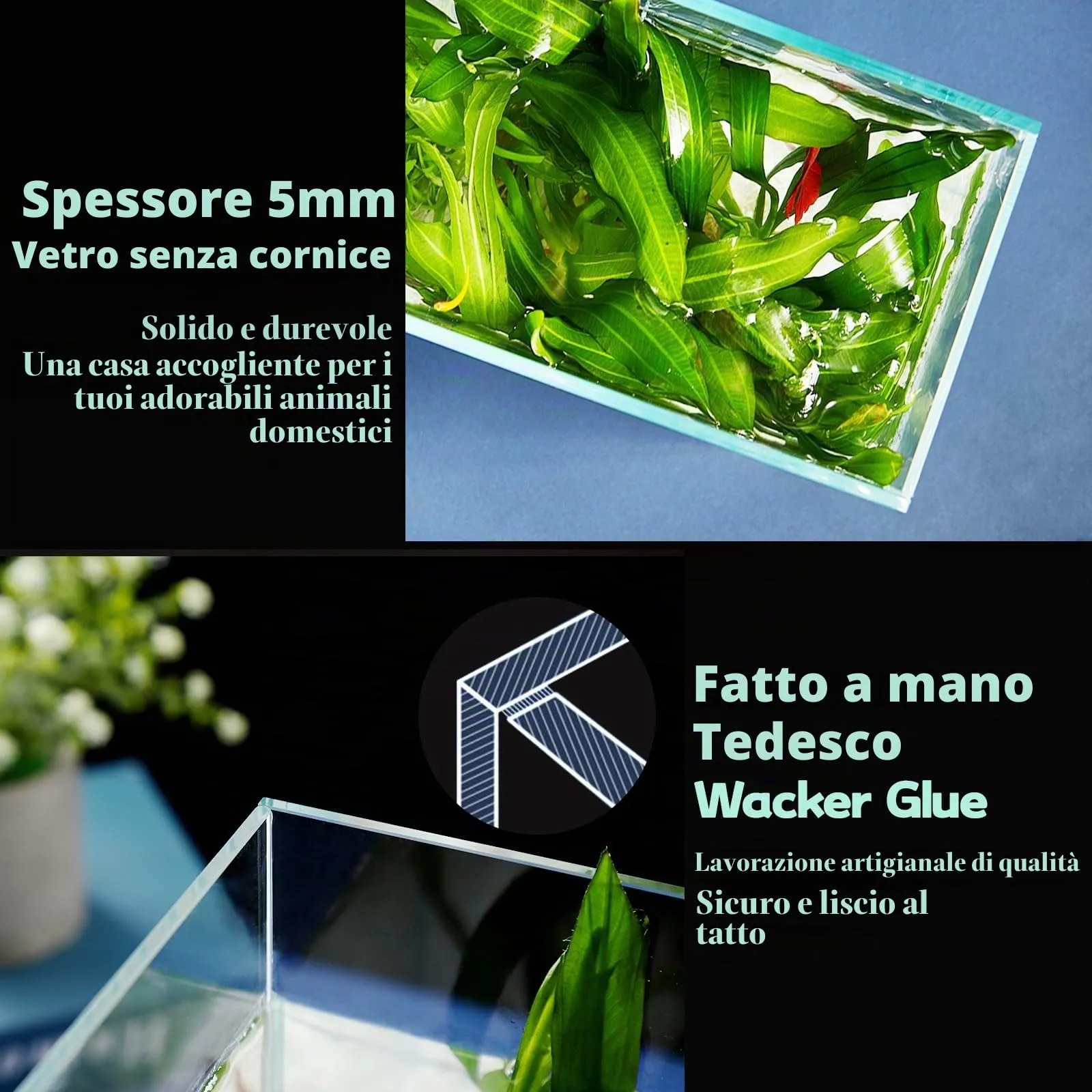 LAQUAL Acquario da 10 litri con retino e sifon per cambio acqua, in vetro cristallino, piccolo acquario per pesci betta e rossi, bella decorazione domestica - immagine 4