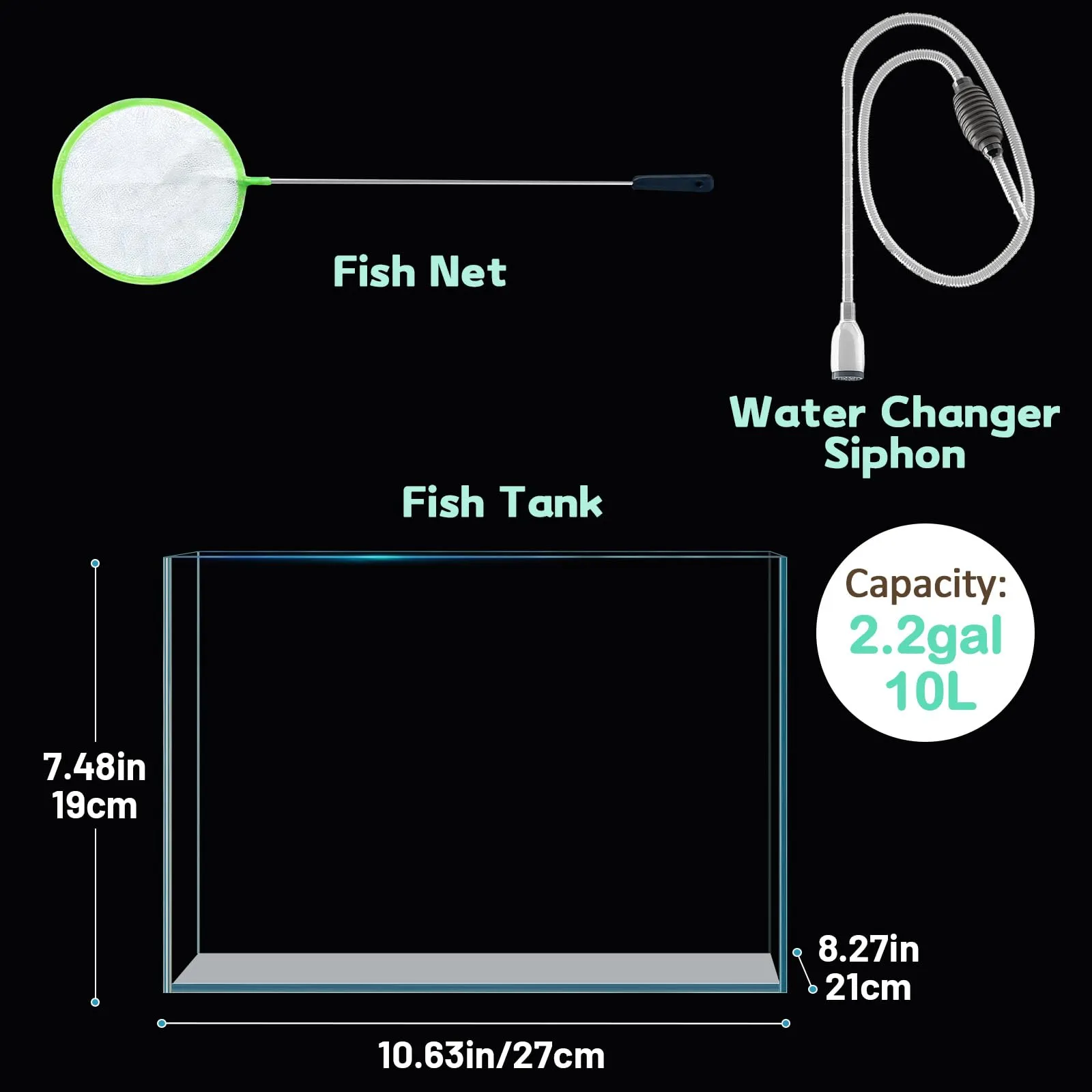 LAQUAL Acquario da 10 litri con retino e sifon per cambio acqua, in vetro cristallino, piccolo acquario per pesci betta e rossi, bella decorazione domestica - immagine 5