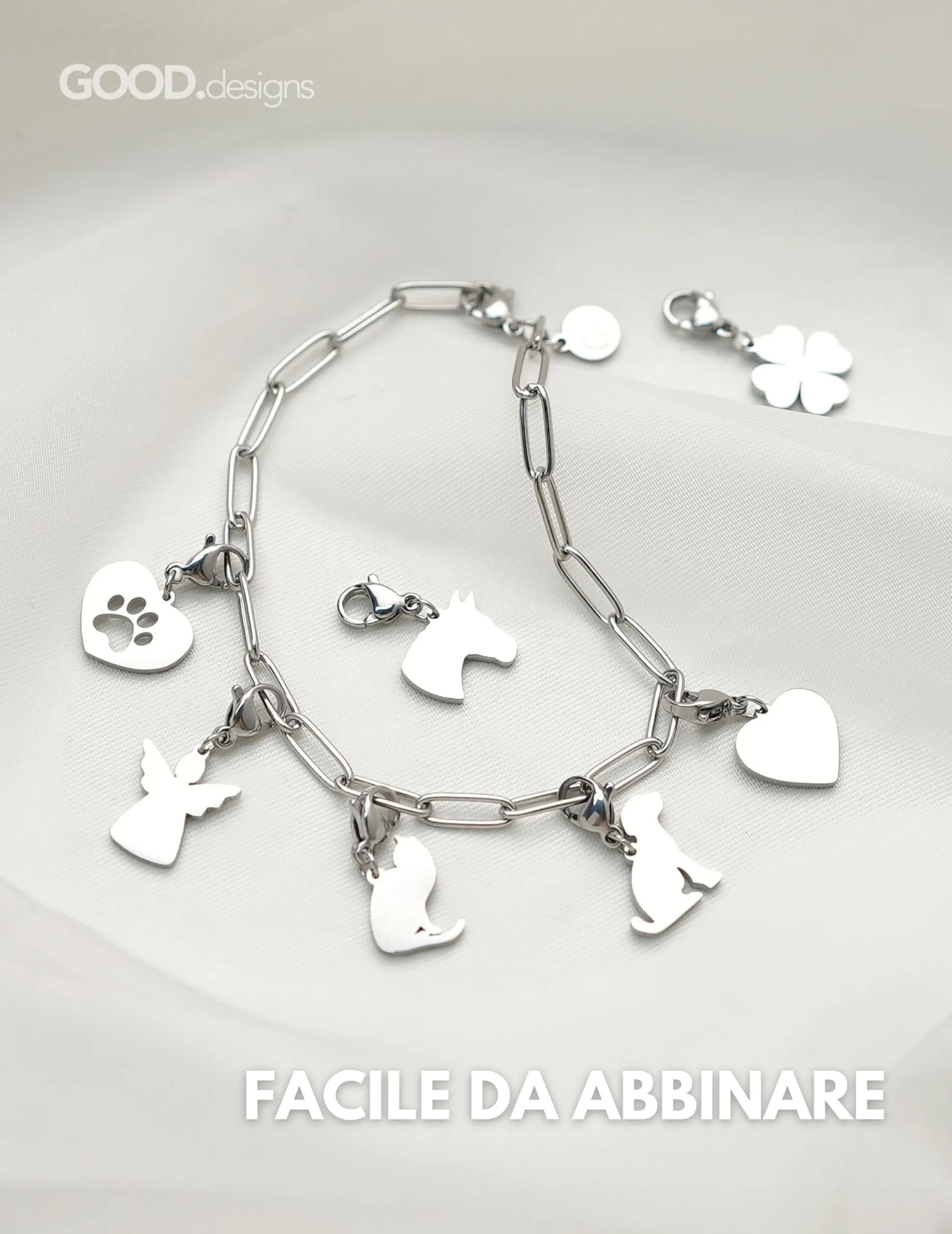 GD GOOD.designs Charms ciondolo angelo con chiusura a moschettone | Ciondolo per collana color argento in acciaio inox 316L | Charm per bracciale, color argento | Resistente all'acqua - immagine 3