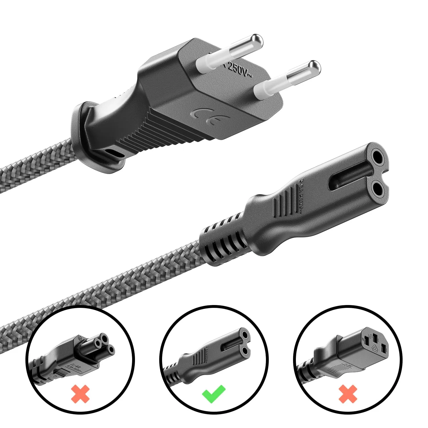 deleyCON 1m Cavo di Alimentazione Elettrico Spina Euro Tipo c a C7 (in Nylon) Connettore Piatto 2,5A per Presa C8 TV Soundbar PS4 PS5 Alimentatori Piccoli Elettrodomestici ecc. - Grigio - immagine 3
