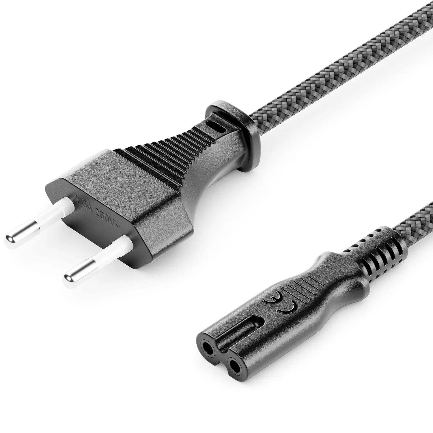 deleyCON 7,5m Cavo di Alimentazione Elettrico Spina Euro Tipo c a C7 (in Nylon) Connettore Piatto 2,5A per Presa C8 TV Soundbar PS4 PS5 Alimentatori Piccoli Elettrodomestici ecc. - Grigio - immagine 2