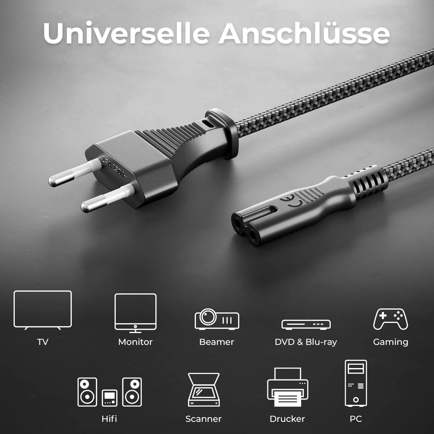 deleyCON 10m Cavo di Alimentazione Elettrico Spina Euro Tipo c a C7 (in Nylon) Connettore Piatto 2,5A per Presa C8 TV Soundbar PS4 PS5 Alimentatori Piccoli Elettrodomestici ecc. - Grigio - immagine 6
