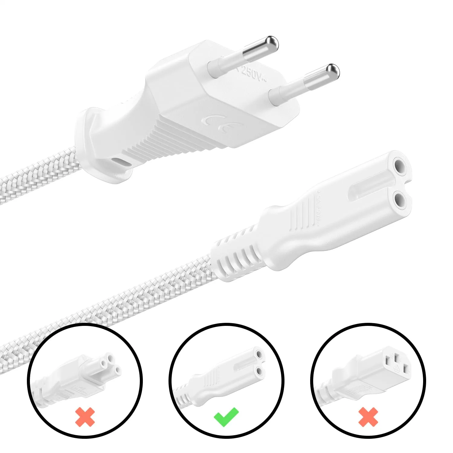 deleyCON 1,5m Cavo di Alimentazione Elettrico Spina Euro Tipo c a C7 (in Nylon) Connettore Piatto 2,5A per Presa C8 TV Soundbar PS4 PS5 Alimentatori Piccoli Elettrodomestici ecc. - Bianco - immagine 3