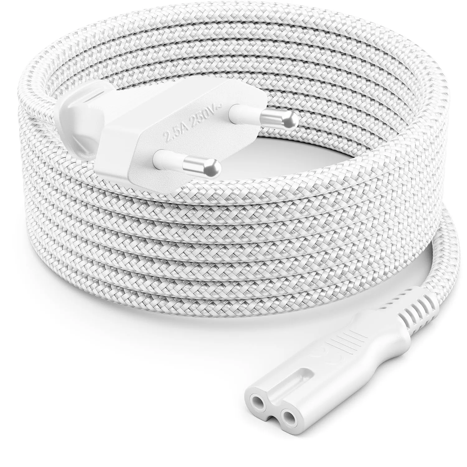 deleyCON 2m Cavo di Alimentazione Elettrico Spina Euro Tipo c a C7 (in Nylon) Connettore Piatto 2,5A per Presa C8 TV Soundbar PS4 PS5 Alimentatori Piccoli Elettrodomestici ecc. - Bianco - immagine 1
